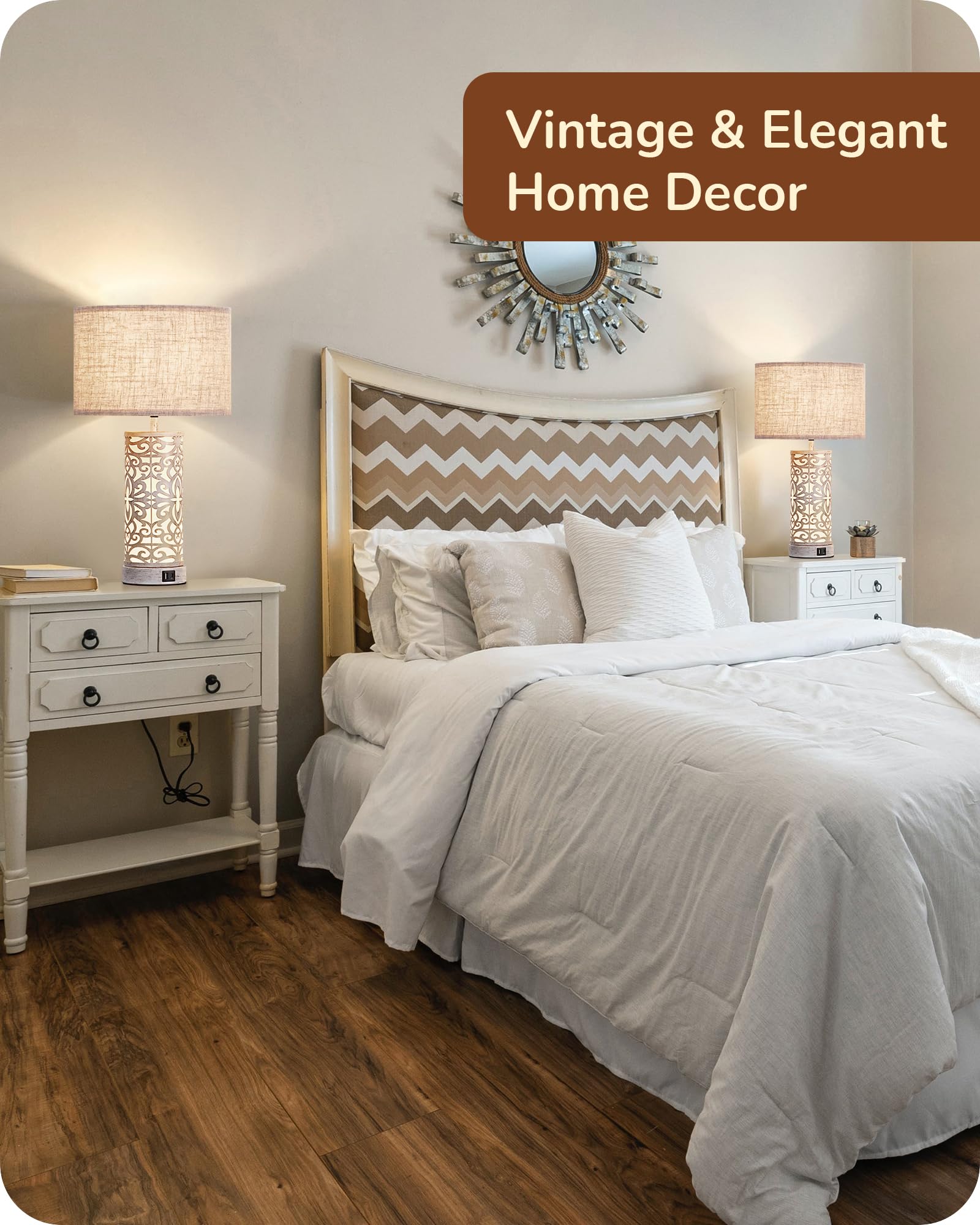 EDISHINE 21.65 Farmhouse Table Lamp Set of 2, Touch 3-Way Dimmable Vintage Nightstand Lamp with A+C USB Ports, Bedside Lamp with