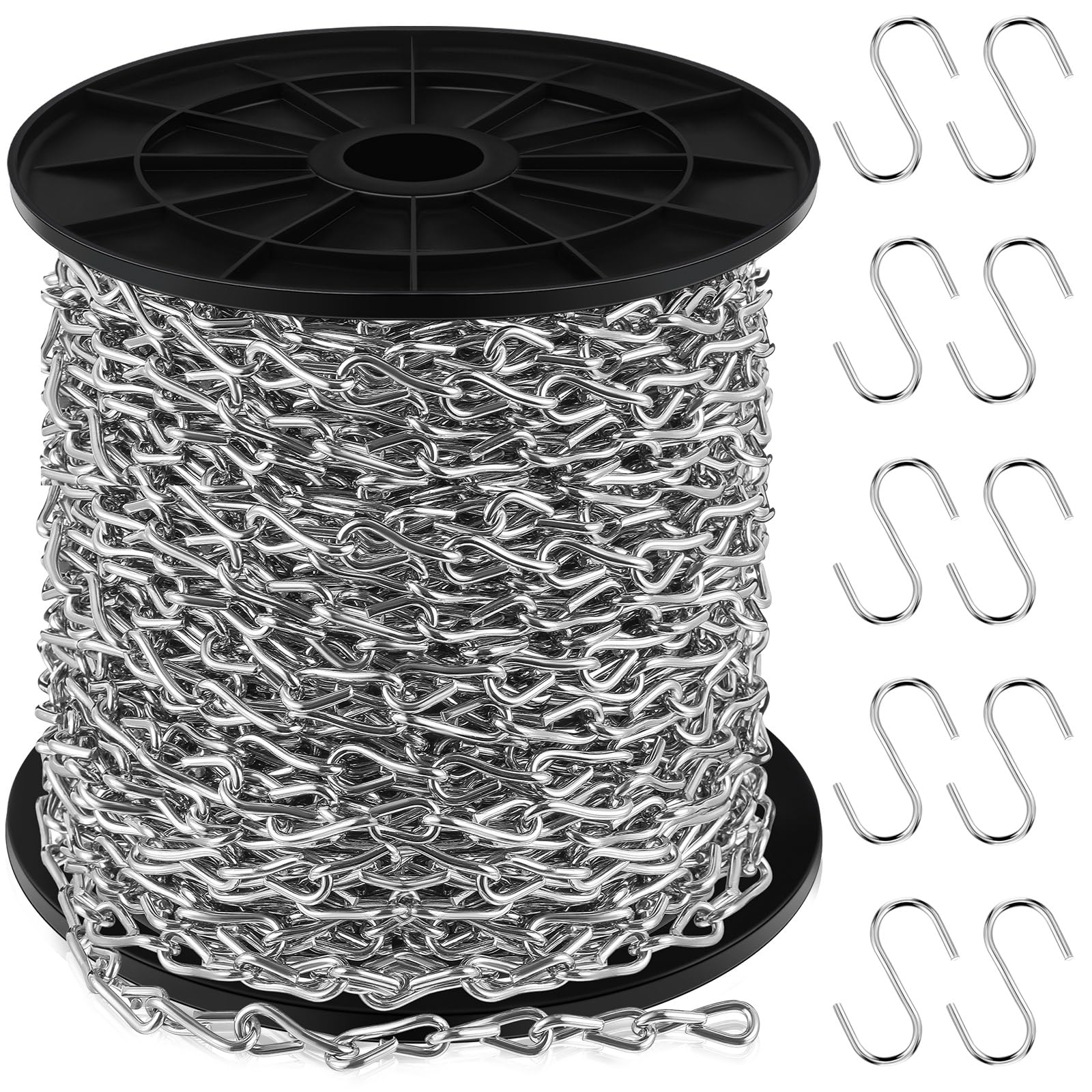 Yaocom 50ft Silver Jack Chain with 10 Pcs S Hooks Galvanized Steel Twist Chain with Spool-weldless for Hanging Fixture, Bird Fee