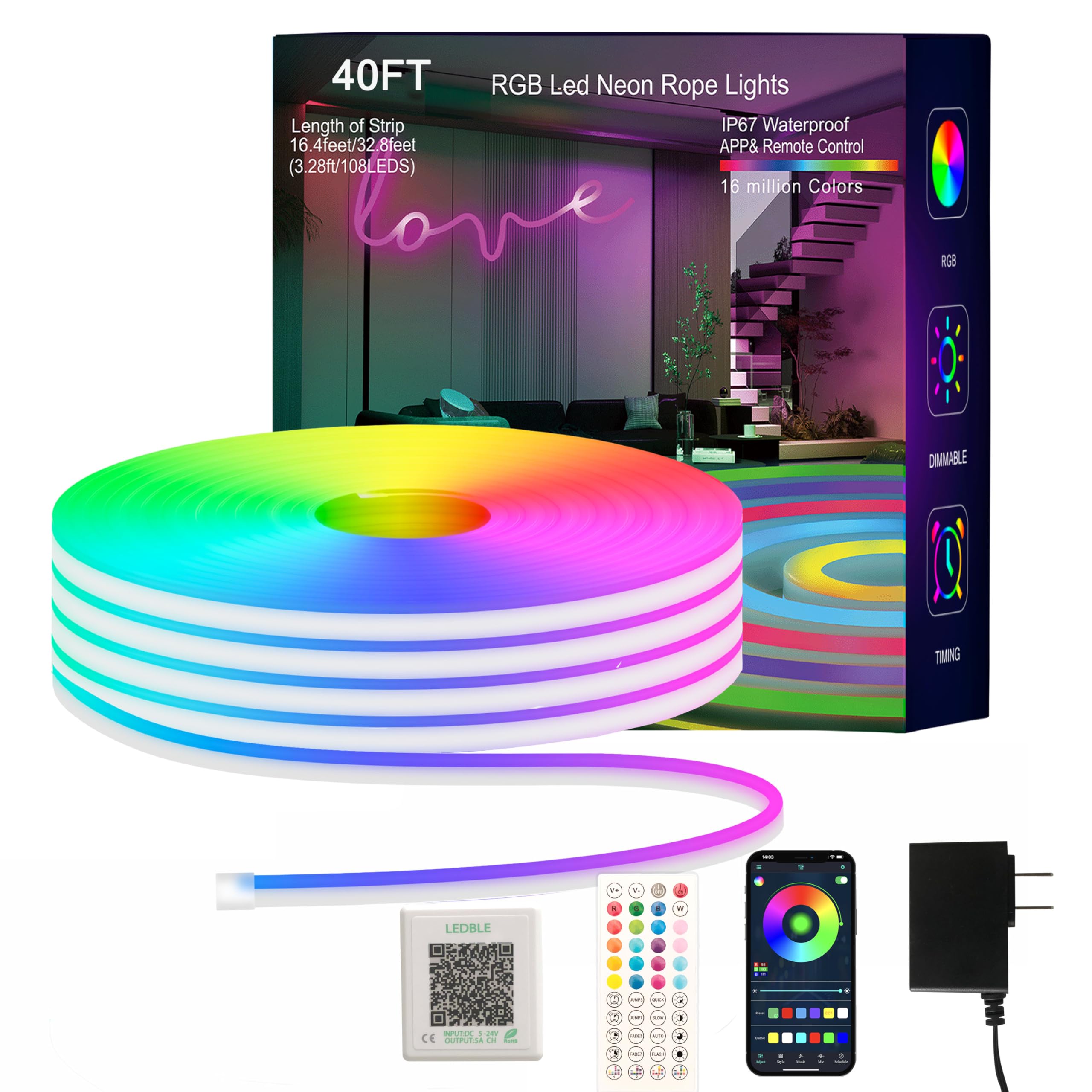 SILFU Neon Rope Lights, 40FT(2 Rolls of 20ft ) RGB Led Strip, Waterproof IP67, DIY Design, Music Sync, 44 Keys Remote Control, Multiple Modes, for Living Room, Bedroom, Holiday Decoration