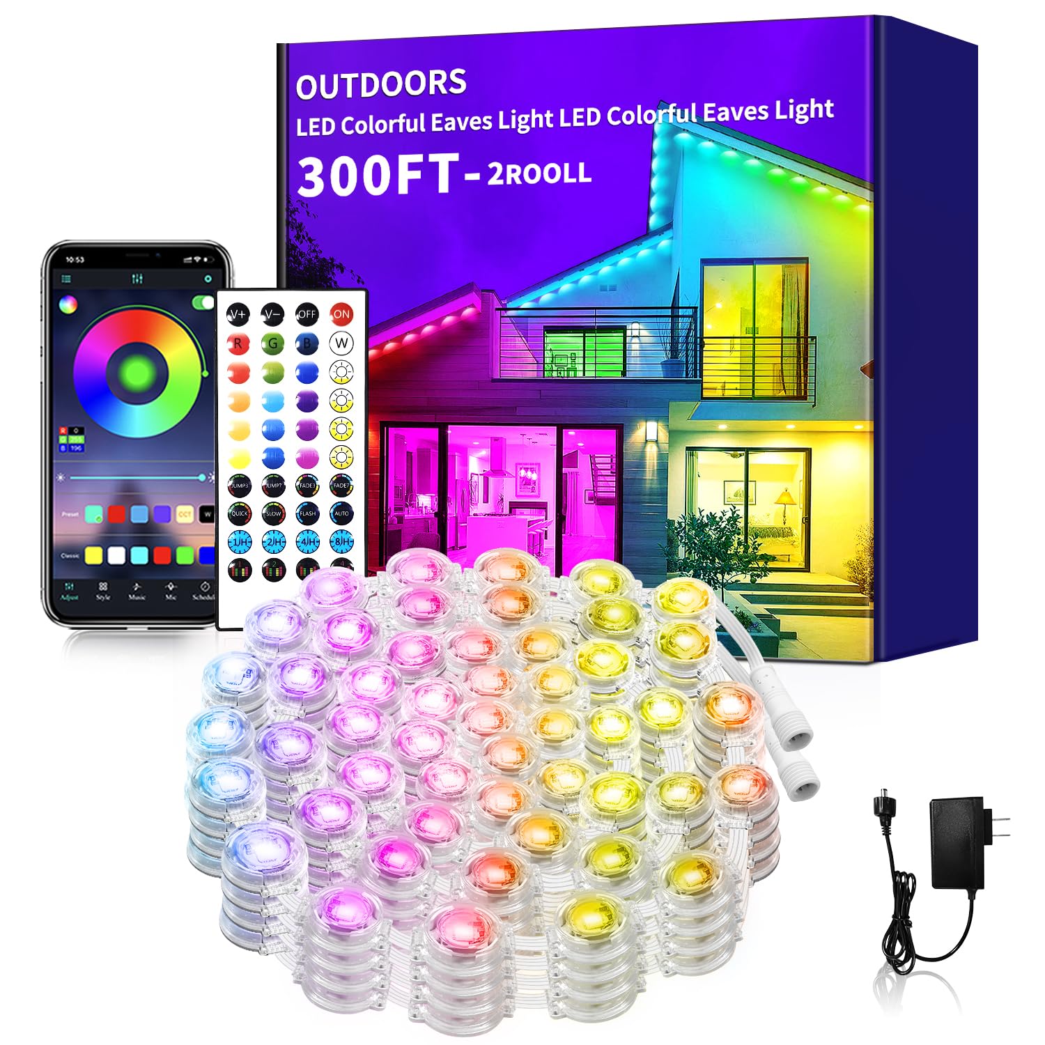 Yocrostar 300ft Permanent Outdoor Lights,RGB Eave Lights,Music Sync IP67 Waterproof Outdoor Eave Lights Lighting, can be Used fo
