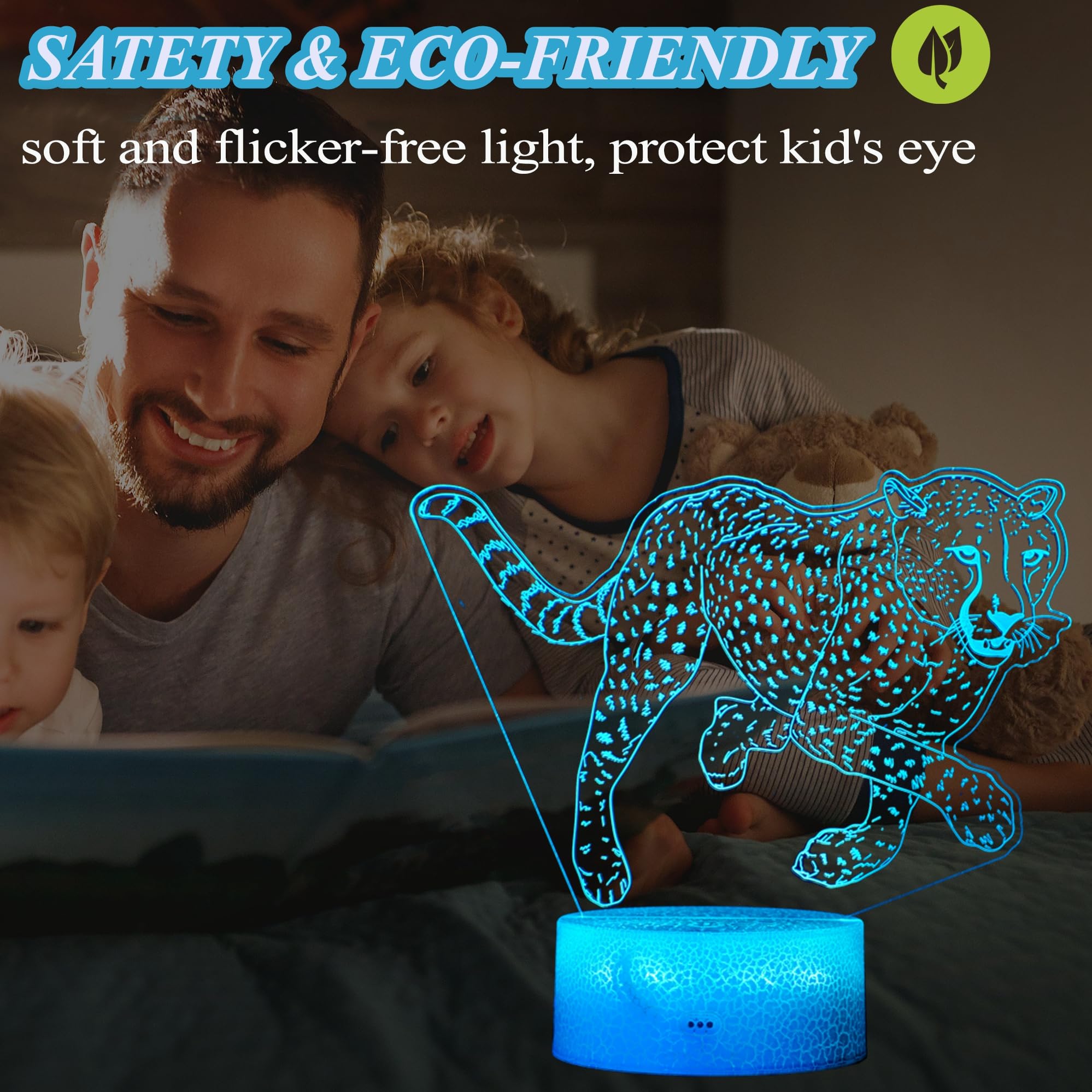 POSSHE 3D Cheetah Night Light Lamp - 16 Color Modes, Remote Control, Dimmable - Kids Room Decor - Model MY-3D LAMP-CRACK, Style