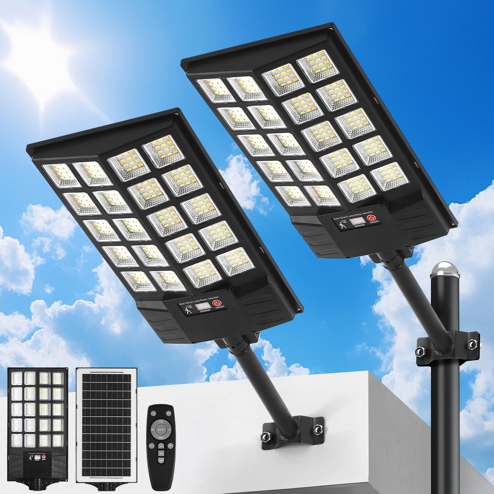 JOISTOON Solar Street Lights Outdoor, Waterproof Motion Sensor Flood Light with Remote, Dusk to Dawn Security Lighting for Yard,