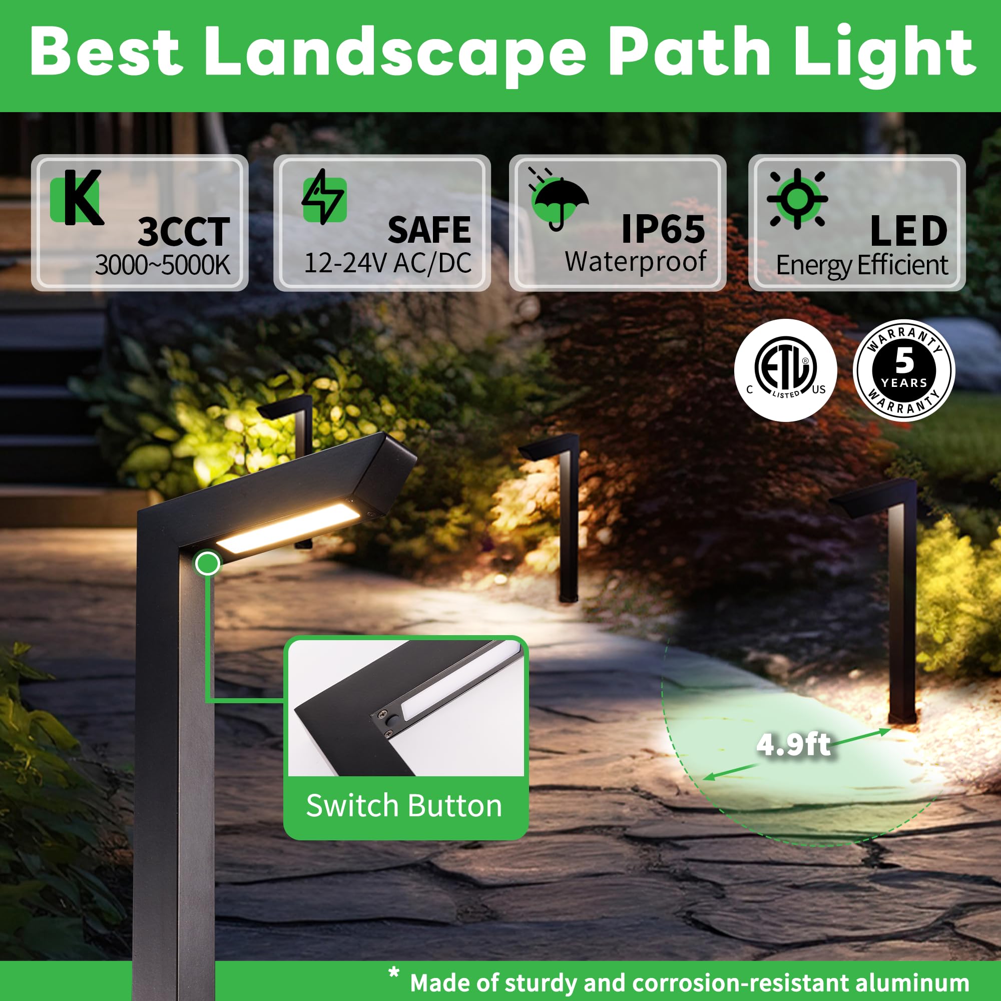 Varmtalys Low Voltage Pathway Lights 12V, 3Cct Led Landscape Path Lights, Outdoor Waterproof Wired 5W 235Lm, Black Aluminum Gard