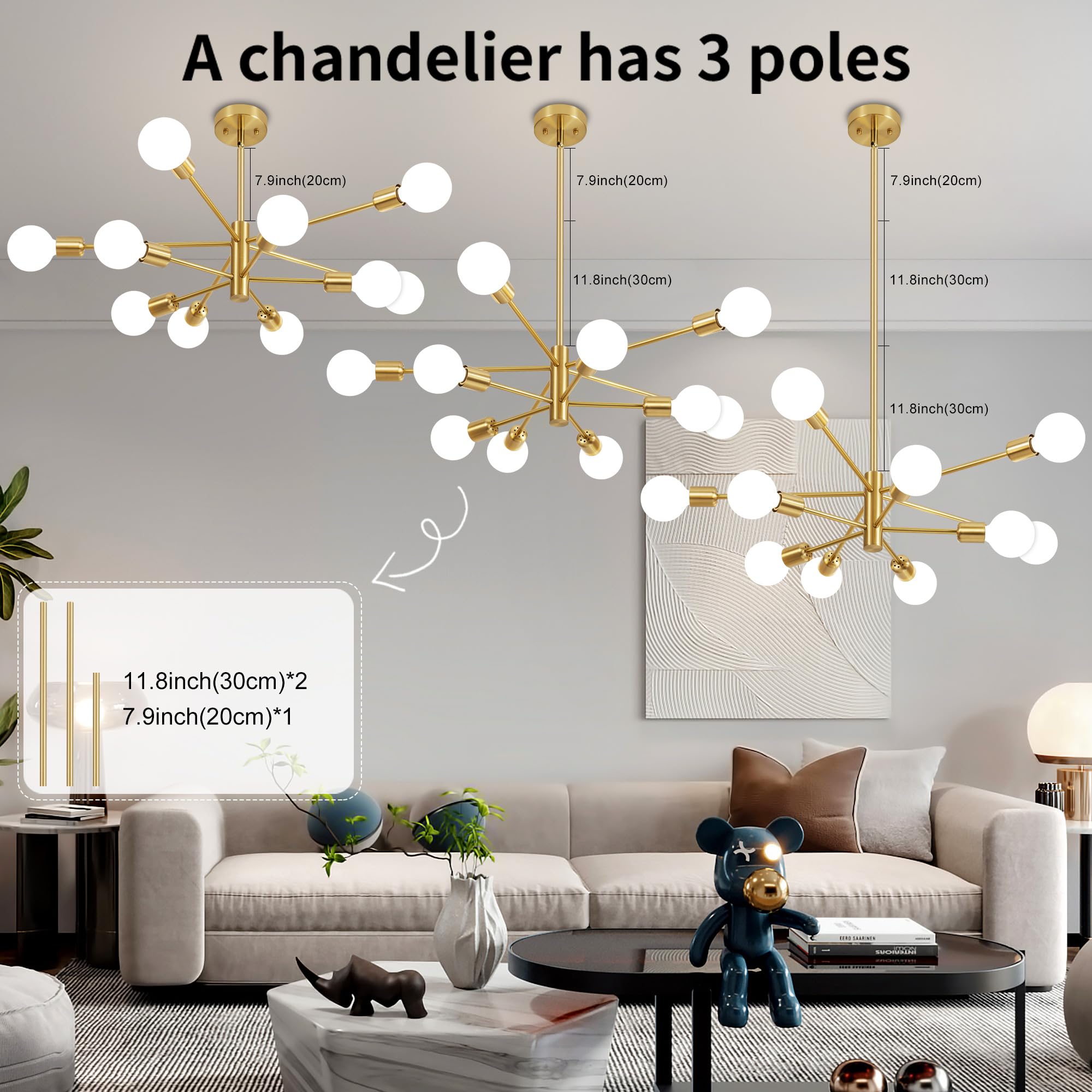 Deyidn Sputnik Chandelier Modern Gold Chandelier Mid Century Ceiling Lighting Fixtures 10 Lights E26 For Living Room, Kitchen Is