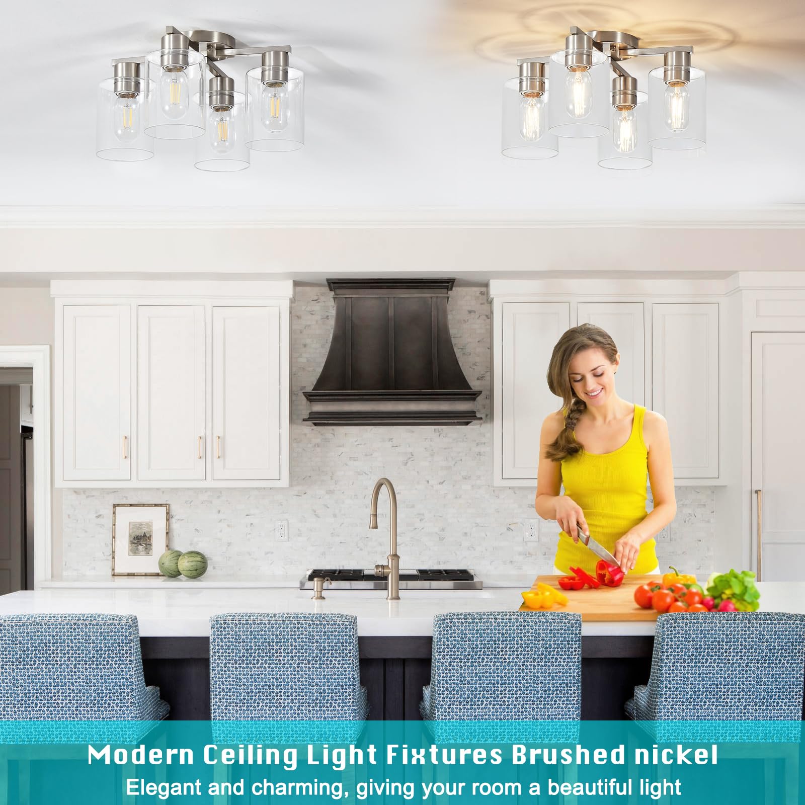 Yyt Kitchen Lighting Fixtures Ceiling, Semi Flush Mount Ceiling Light, Brushed Nickel Ceiling Light Fixture, 4 Light Kitchen Cei