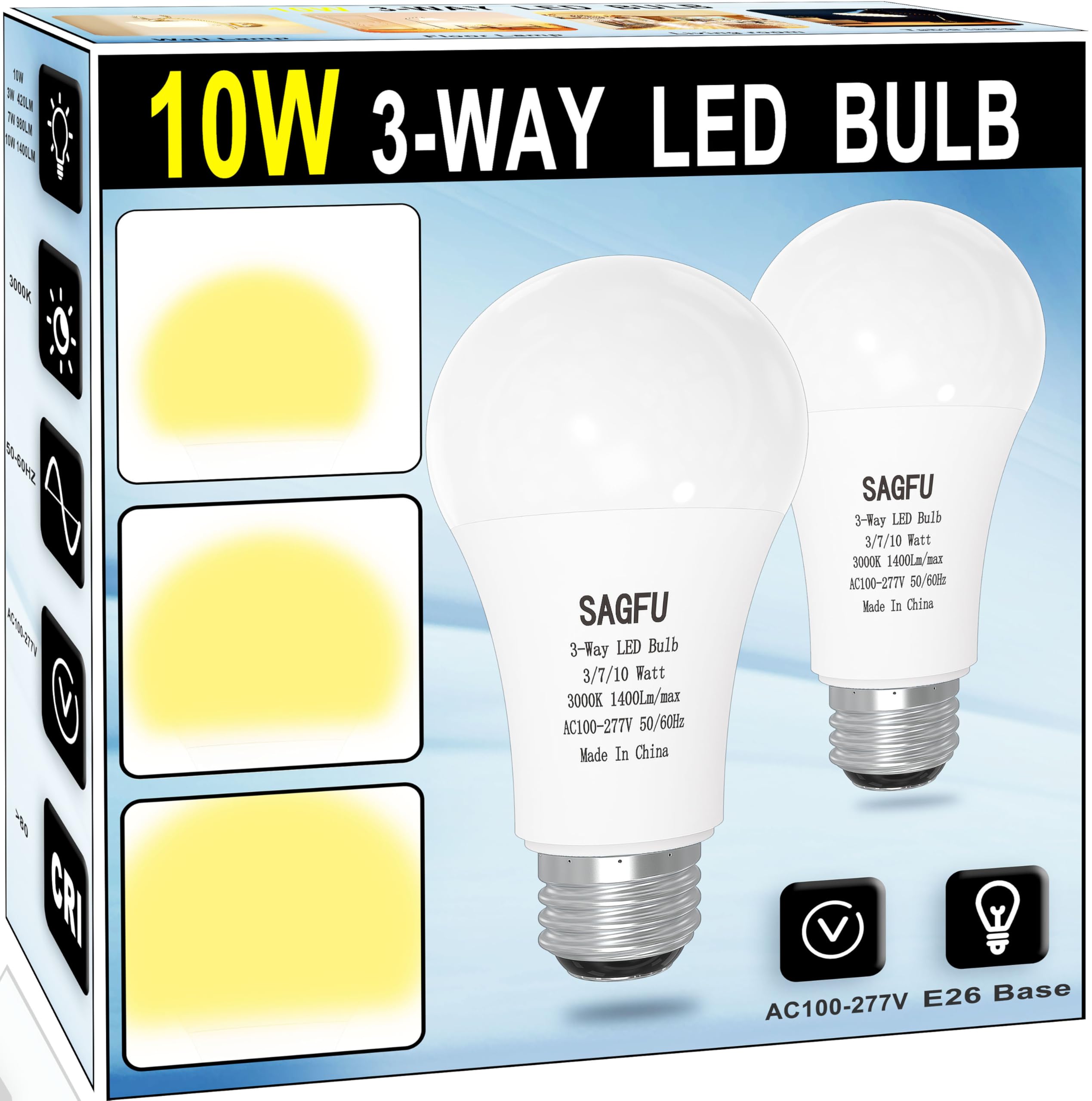 Sagfu 3 Way Led Light Bulbs 30 70 100 W Equivalent Soft White 3000K,A19 Three Way Light Bulbs, E26 Base Led Light Bulb For Indoo