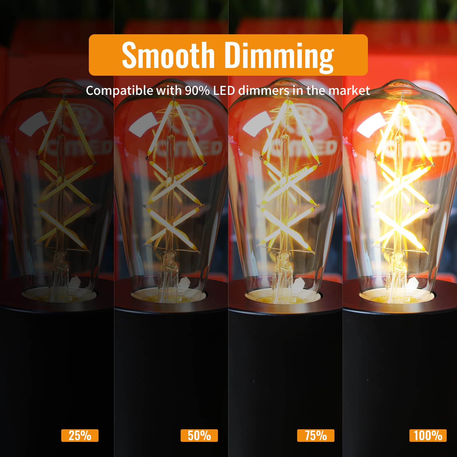 OMED LED Edison Bulb, ST64 E26, 60W Equivalent, Dimmable, Amber Glass, Soft White 2700K, Pack of 2