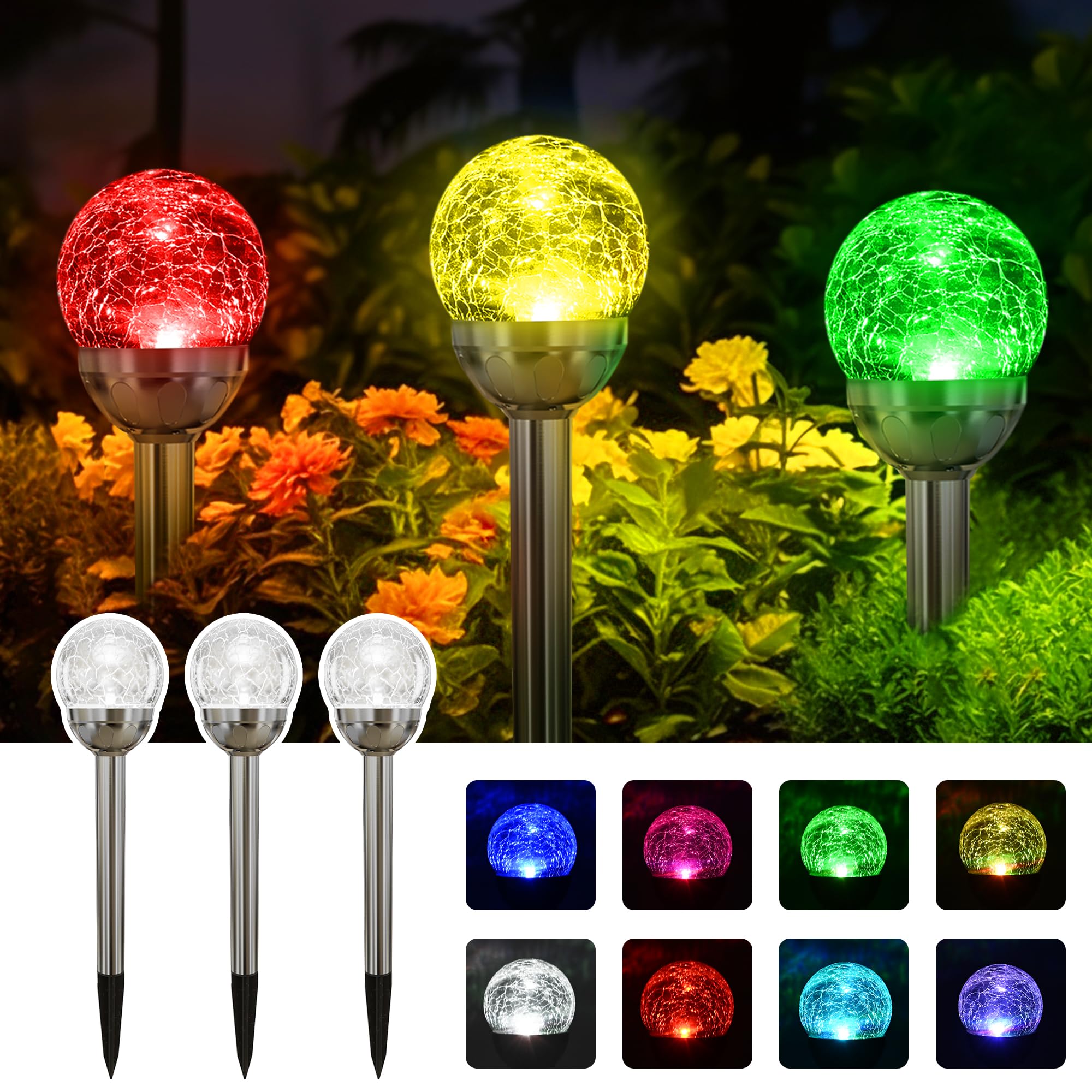Solpex Solar Garden Lights Outdoor, 3 Pack Multi-Color Changing&White 2 Modes Solar Powered Glass Ball Garden Lights Waterproof
