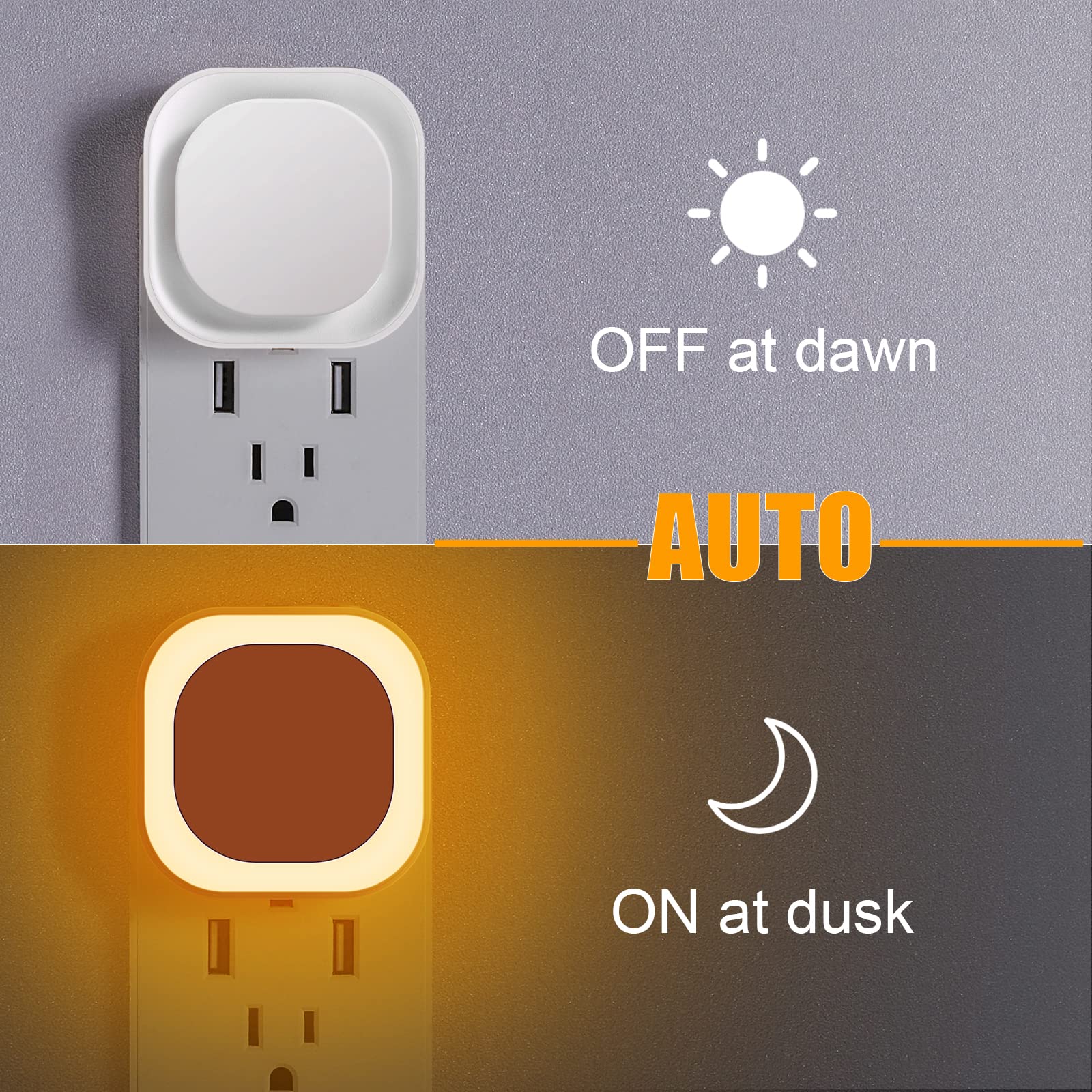 YUNLEX Dimmable Amber Night Light 4 Pack with Auto Dusk to Dawn Sensor, Soft Glow LED for Kids, Bathroom, Hallway, Bedroom, Model NLS21