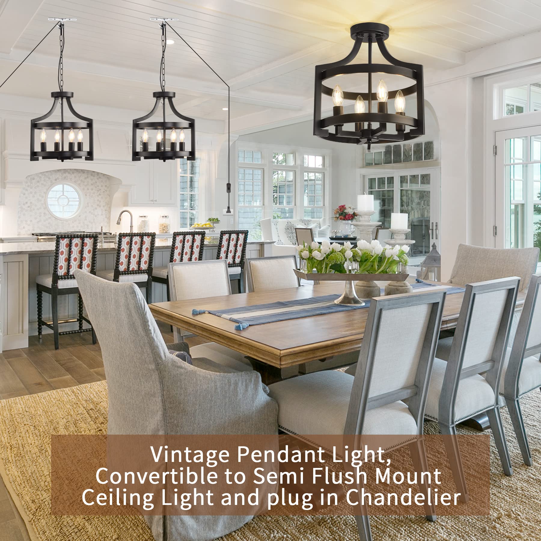 Aolala Black Plug-In Chandelier, Adjustable 4-Light Pendant Fixture For Dining Room, Kitchen, Foyer