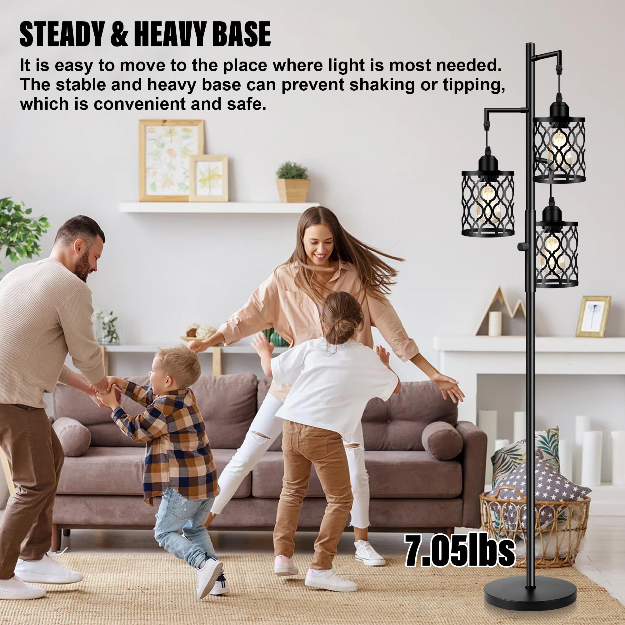 ROTTOGOON Dimmable Industrial Floor Lamp, 68" Black Metal, 3 LED Bulbs, Rustic Design for Living Room, Bedroom, Office