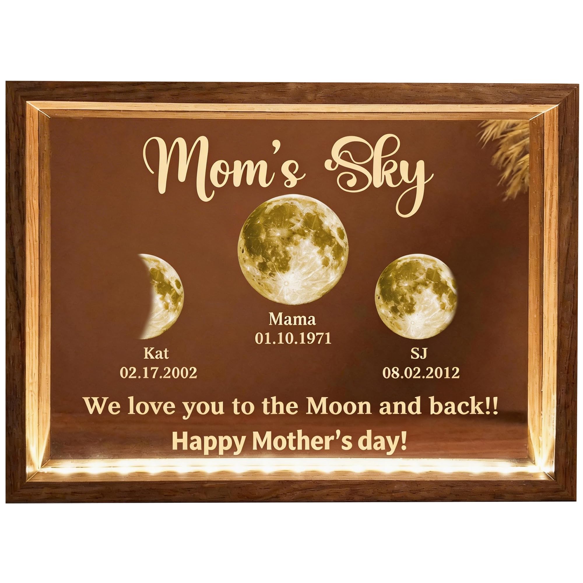 ROSLILY Moms Sky LED Light Frame, Personalized Moon Phase Frame with Night Light, Custom Mothers Day Moon Phase Gift for Mom, 