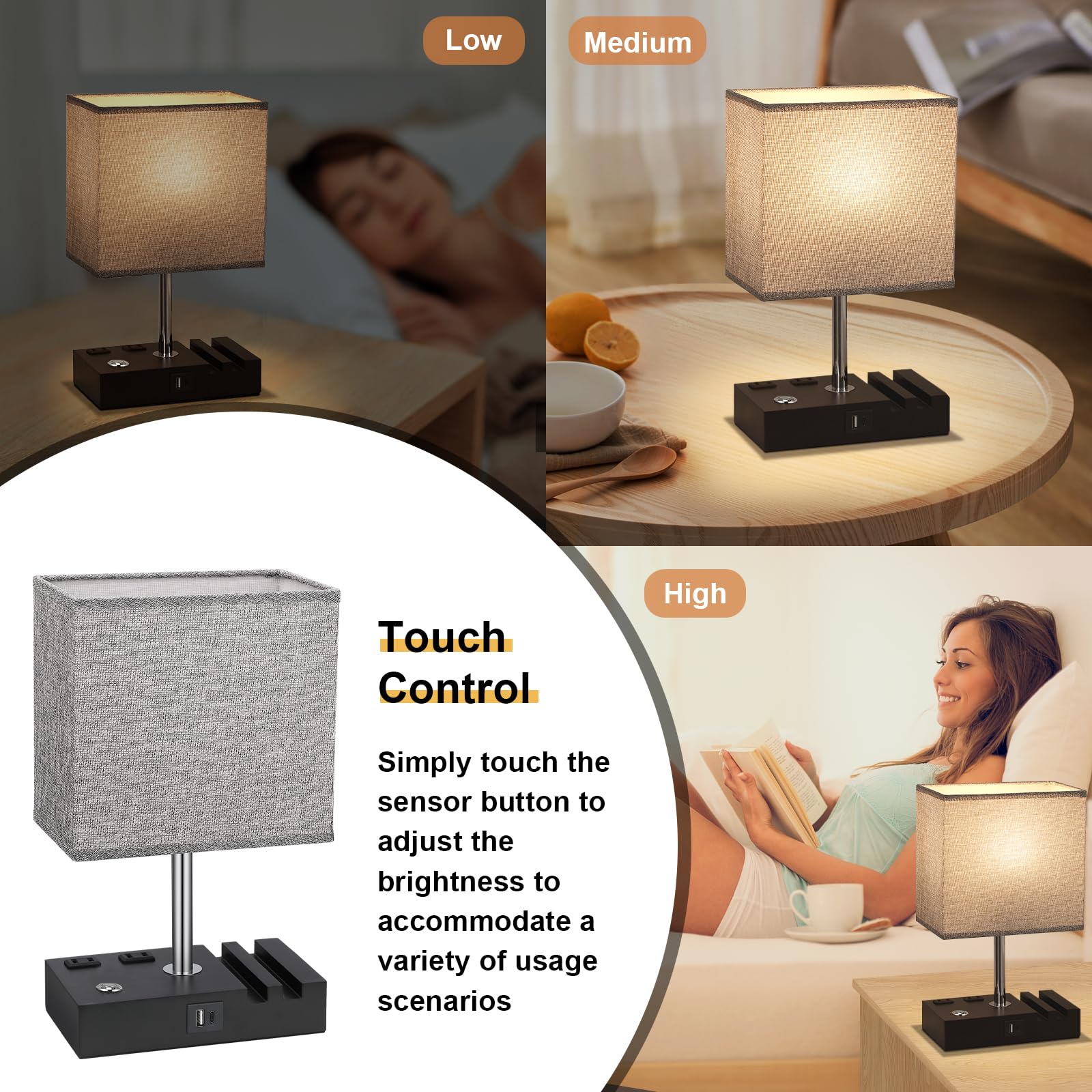 Kakanuo Nightstand Lamp For Bedroom With Dual Usb Ports, Grey Touch Control Bedside Table Lamp With Charging Outlets And Phone S