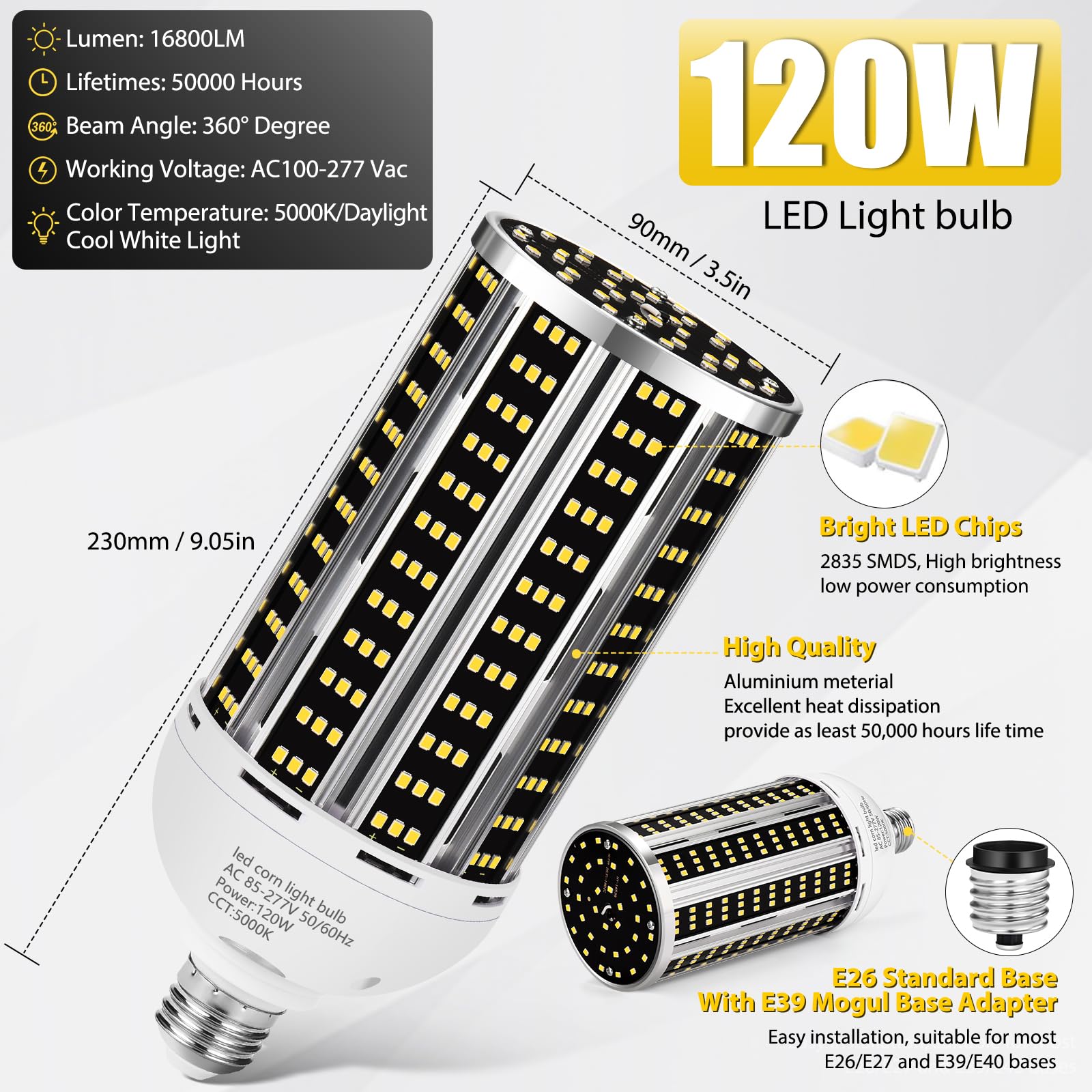 120W 2 Pack Led Corn Light Bulb(1200W Equivalent ) ,Commercial Grade Daylight 5000K E26/E39 15900Lm Medium Mogul Base Led Lamp,L