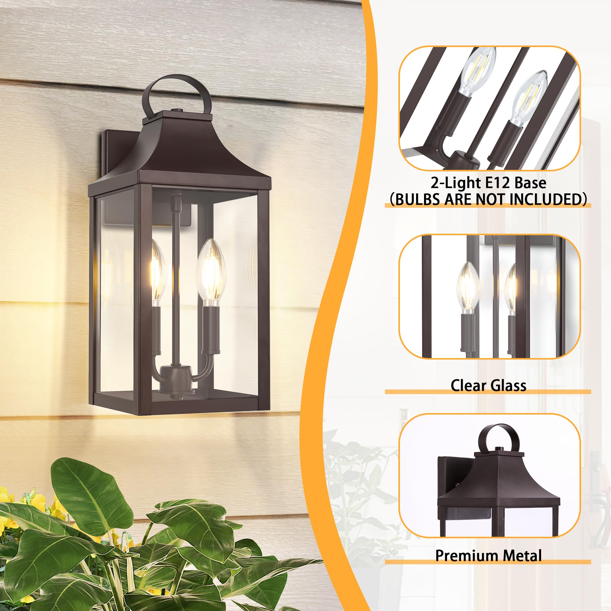 Myhxq 15 Black Outdoor Wall Lantern 2-Light  Outside Modern Wall Sconce Light Fixture  Industrial Porch Light Wall Mount With E12 Sockets  Waterproof Exterior Lamp Lighting  Brown