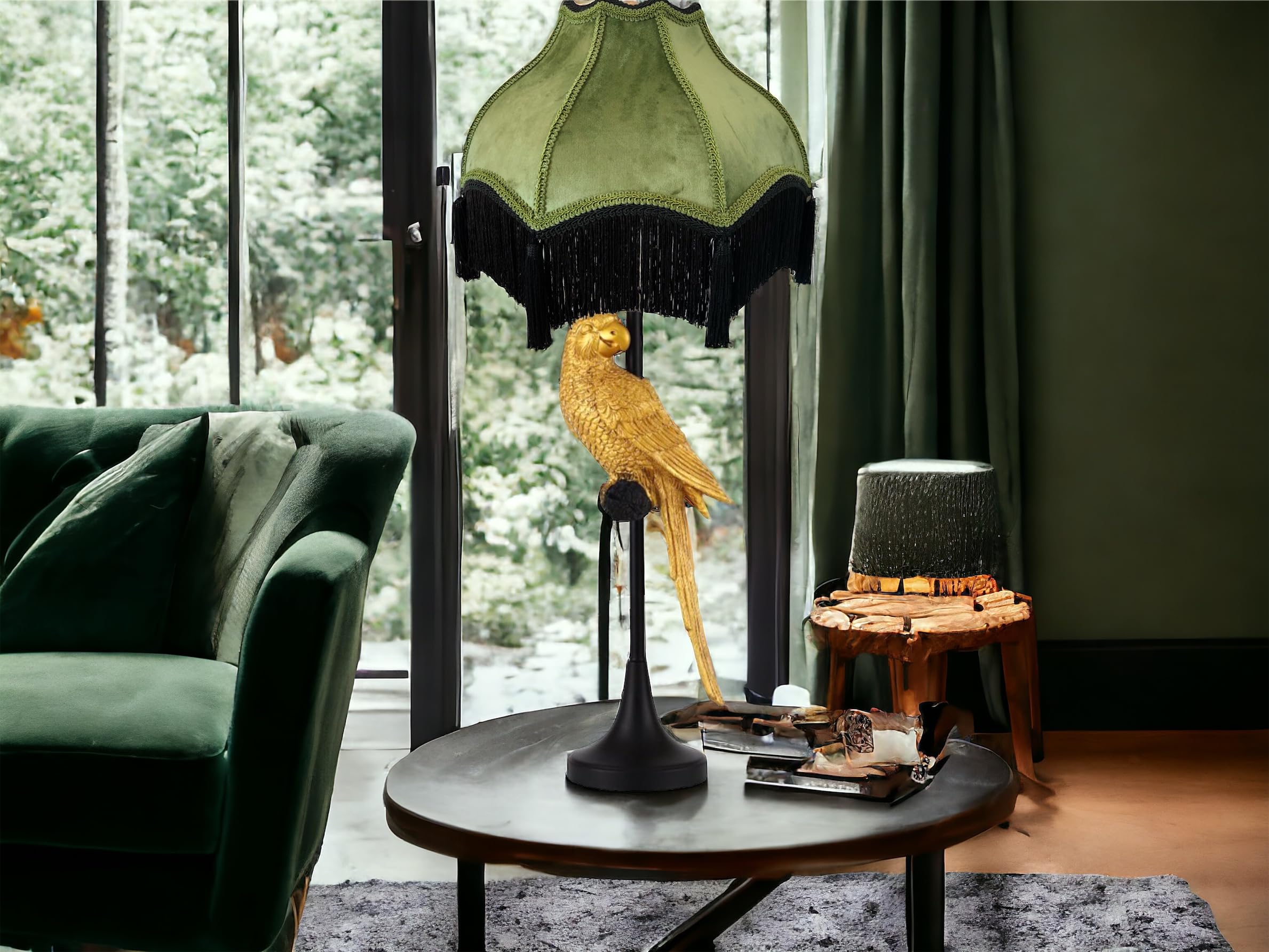 Generic Victorian Style Velvet Lamp Shade with Tassels, Olive Green, Large Bell Shape