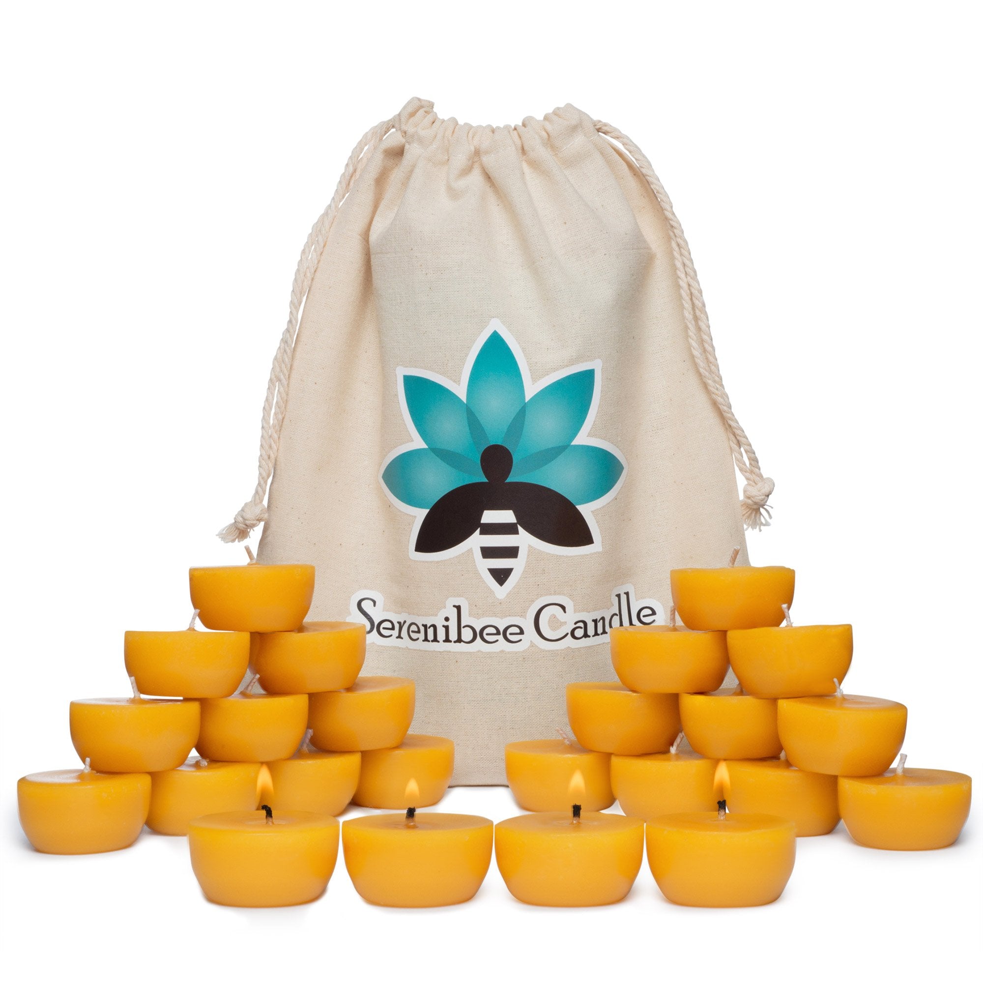 Serenibee Candle 100% Pure Beeswax Tea Light Candles with Two Custom Reusable Glass Candle Holders and Reusable Cotton Bag Eco Friendly Gift Set(24)