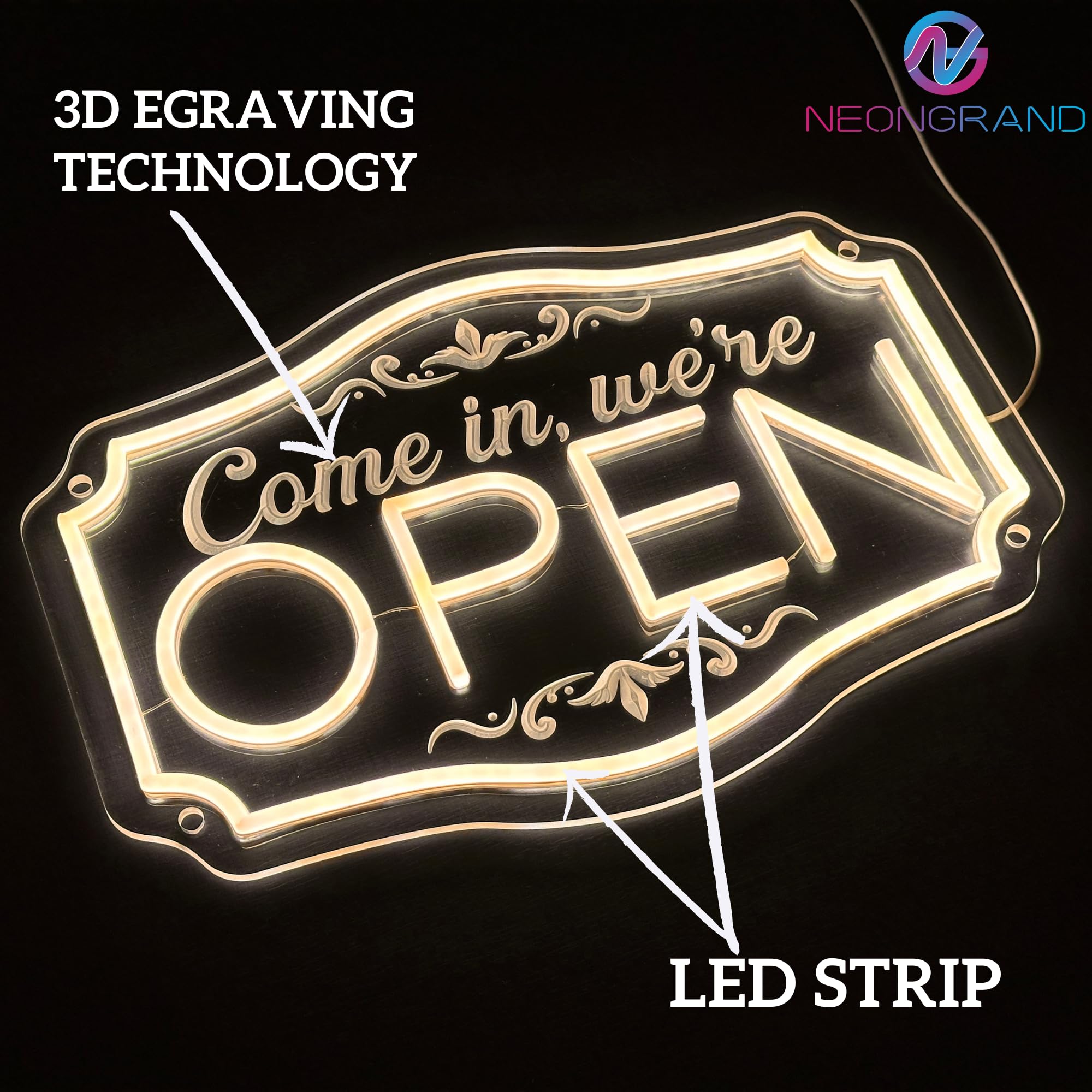 NEONGRAND LED Neon Open Sign - Adjustable Brightness, 16.5x11", Warm White, Acrylic for Business, Bar, Salon, Hotel Decor