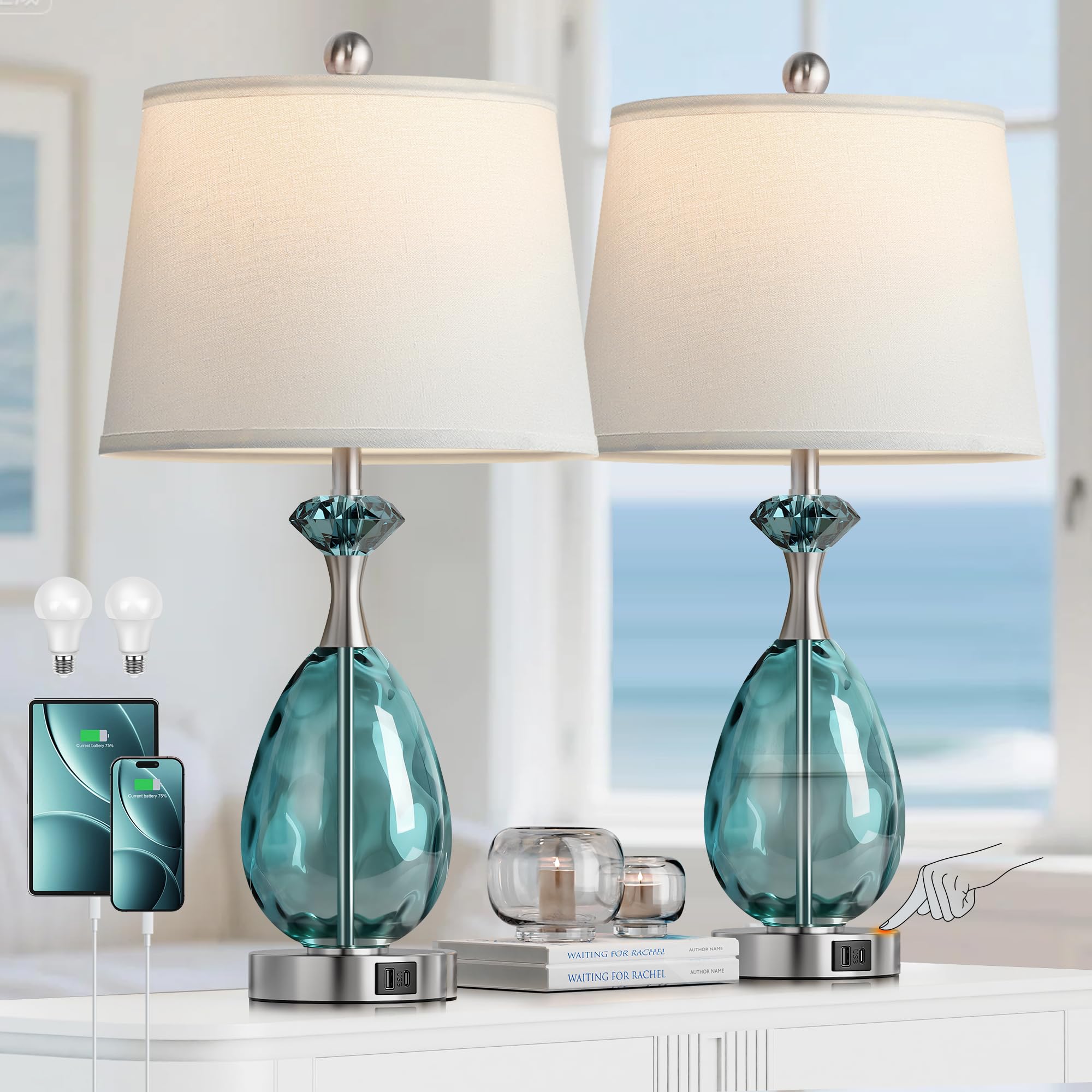 Coastal Glass Table Lamps Set of 2  3-Way Dimmable Touch Control Nautical Lamp with USB A+C Ports Bedside Lamp Beach Decor Nightstand Lamp with White Shade for Living Room Bedroom(LED Bulbs Included)