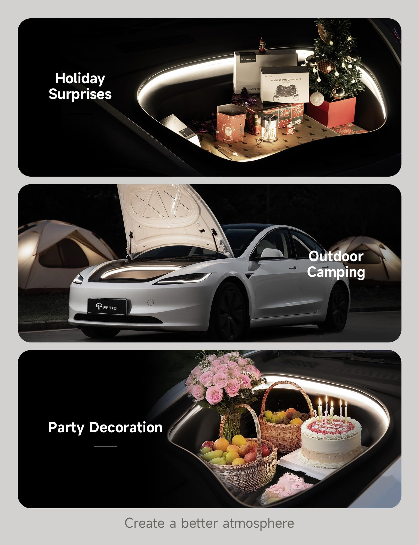 Tparts Frunk Led Strip For Tesla Model 3 Highland 2024 2025+ Flexible Silicone Waterproof Interior Lighting Bar  Easy Installation Model 3 Front Trunk Accessories Ambient Lights(Cool White Light)