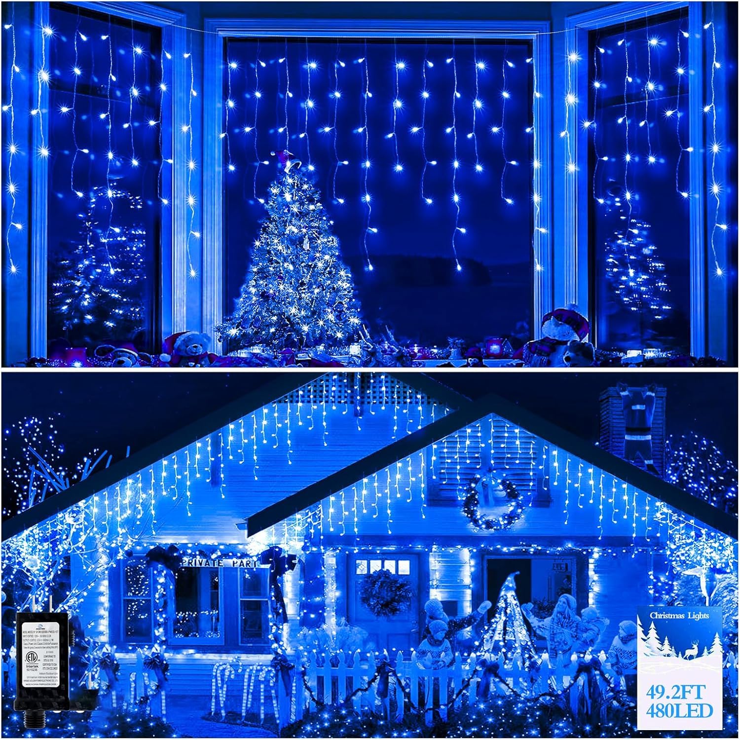 FLVOECN LED Christmas Lights 49FT 480 LEDs Waterproof Dimmable 8 Modes Blue Model BG-CL3M3-306L01