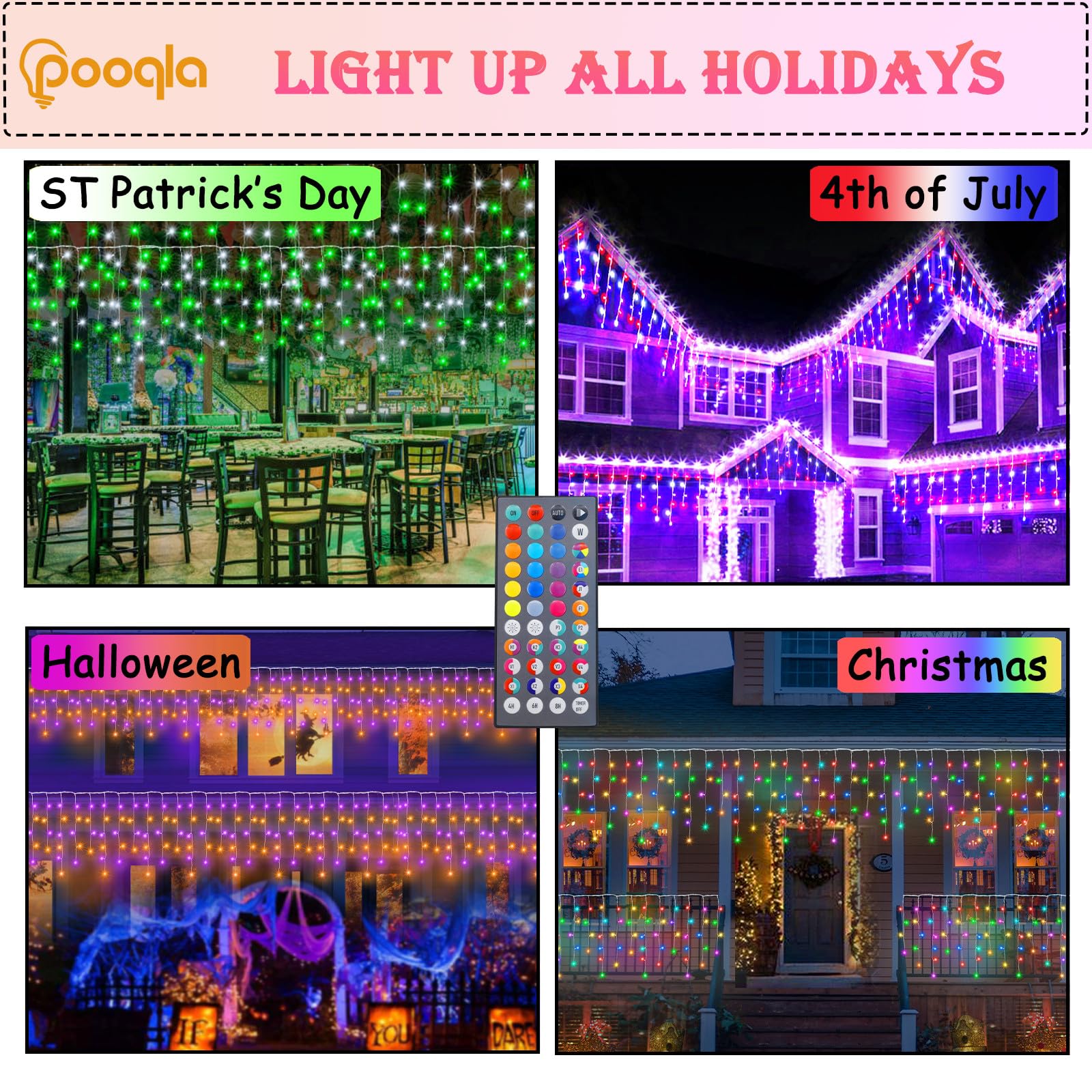 Pooqla Color Changing Icicle Lights, 240 LED 23FT RGB Waterproof String Lights with Remote for Outdoor Decor