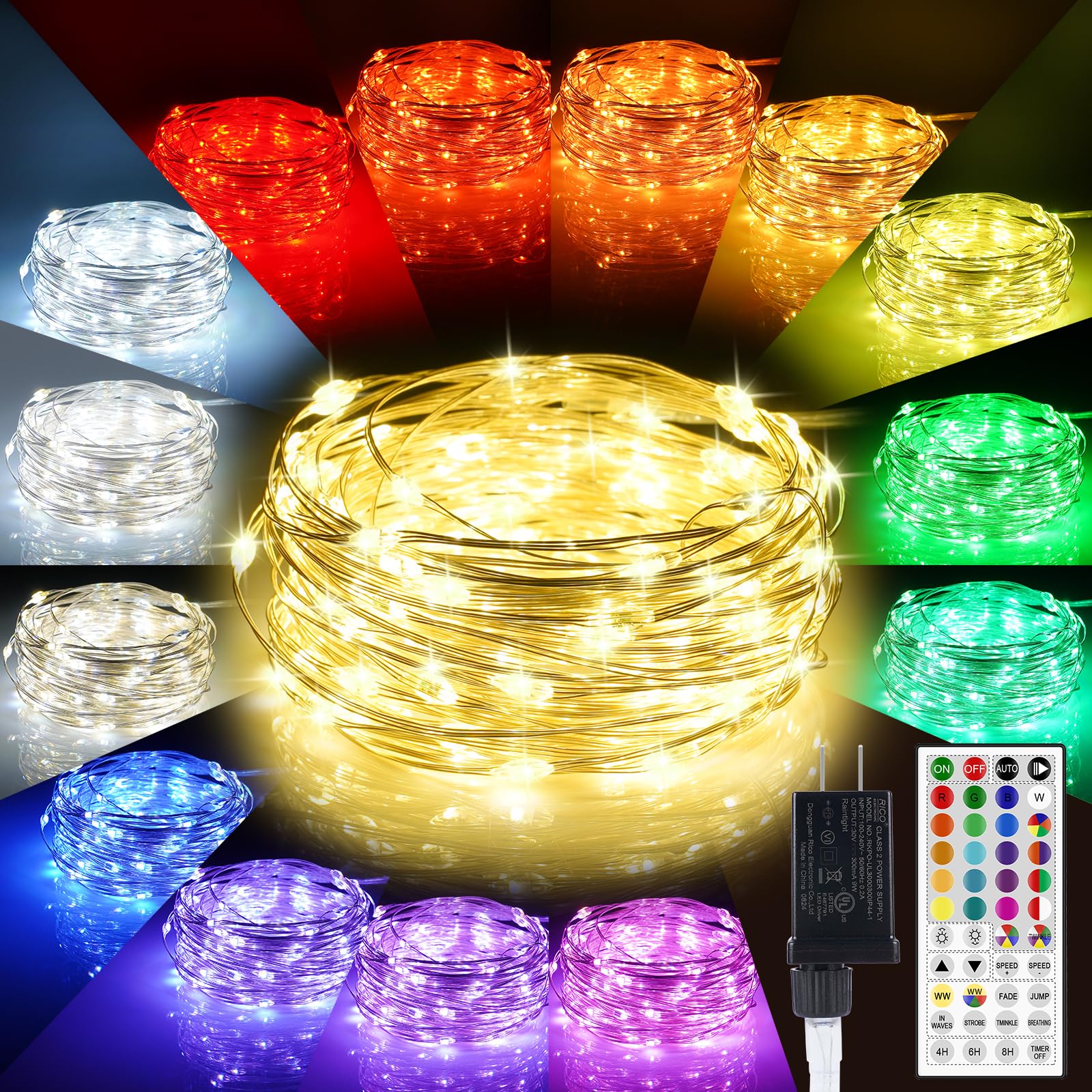 OMIKA 50FT Fairy Lights, 150 LED Color Changing Twinkle Lights, IP44 Waterproof, Remote Control, 24 RGB + Warm White, Model DY-OA08-1