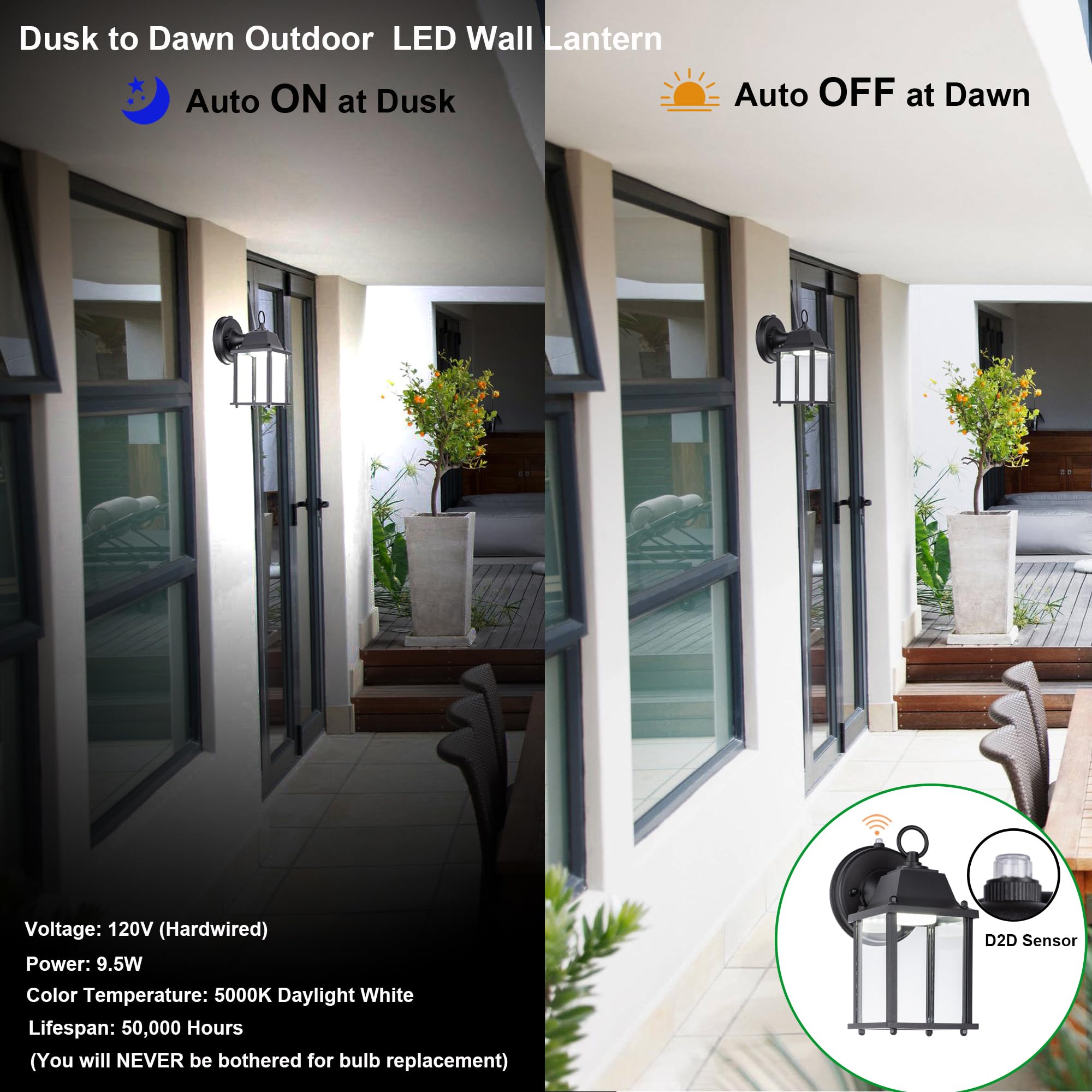 LIT-PaTH Dusk to Dawn Outdoor Wall Lantern, LED Sconce, 800 Lumen, Aluminum, 2-Pack, 5000K Daylight White, Model LT-WL013