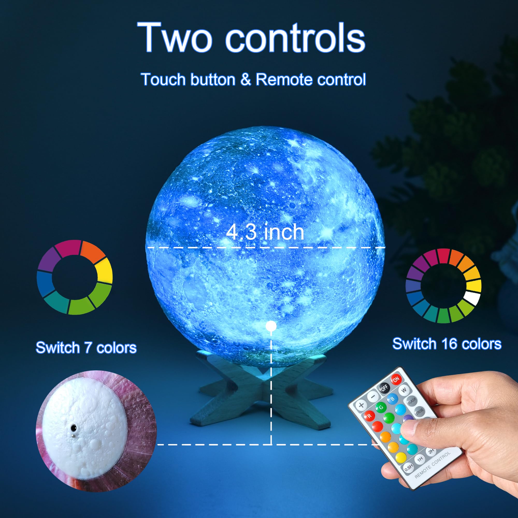 Hyodream 4.3'' Moon Lamp Kids Night Light Galaxy Lamp 16 Colors Led Moon Light With Touch & Remote Control Bedside Lamp As Chris