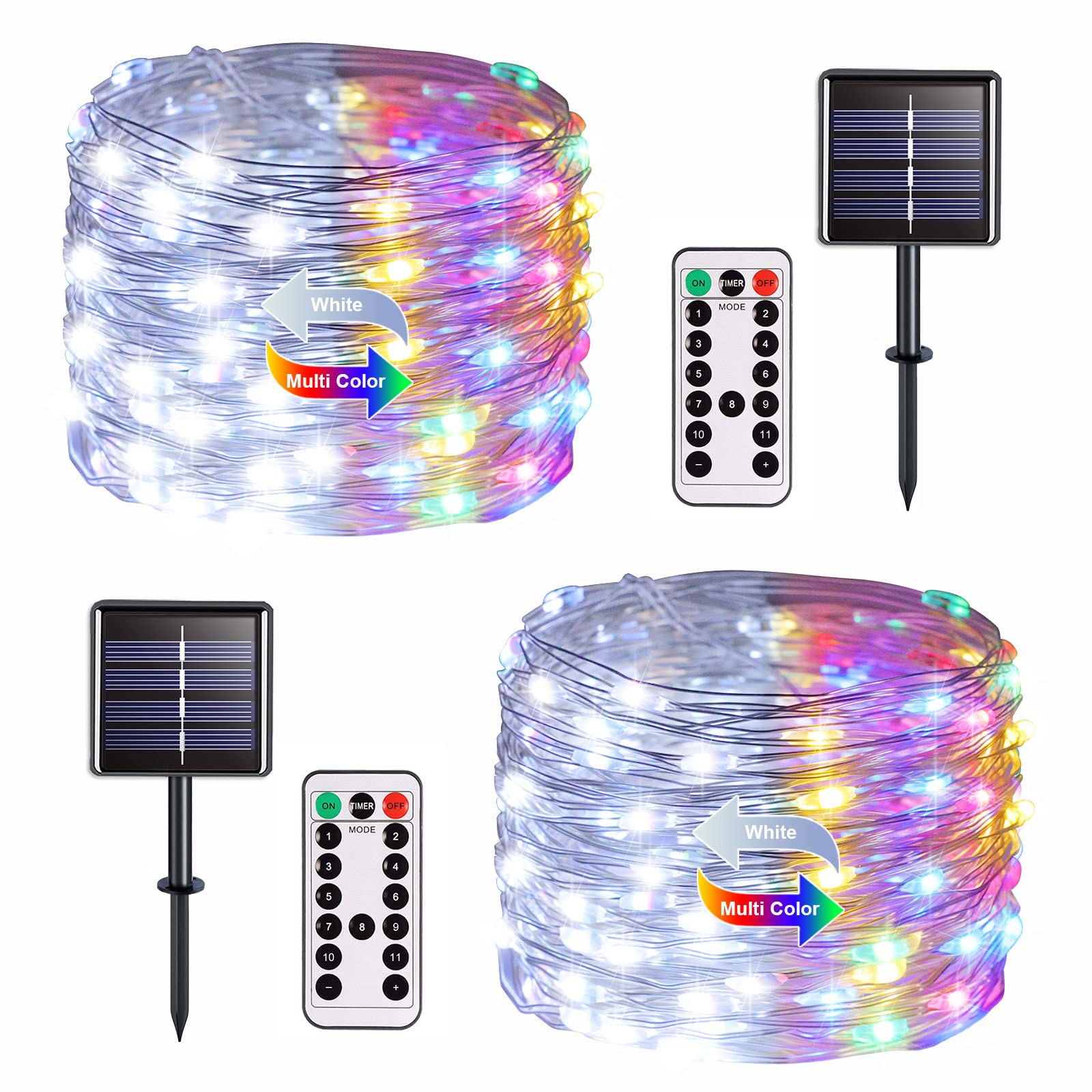 JMEXSUSS 2 Pack Solar Fairy Lights Color Changing,White and Multicolor 100 LED 33ft Solar String Lights Outdoor Waterproof,8 Modes Copper Wire Solar Christmas Lights