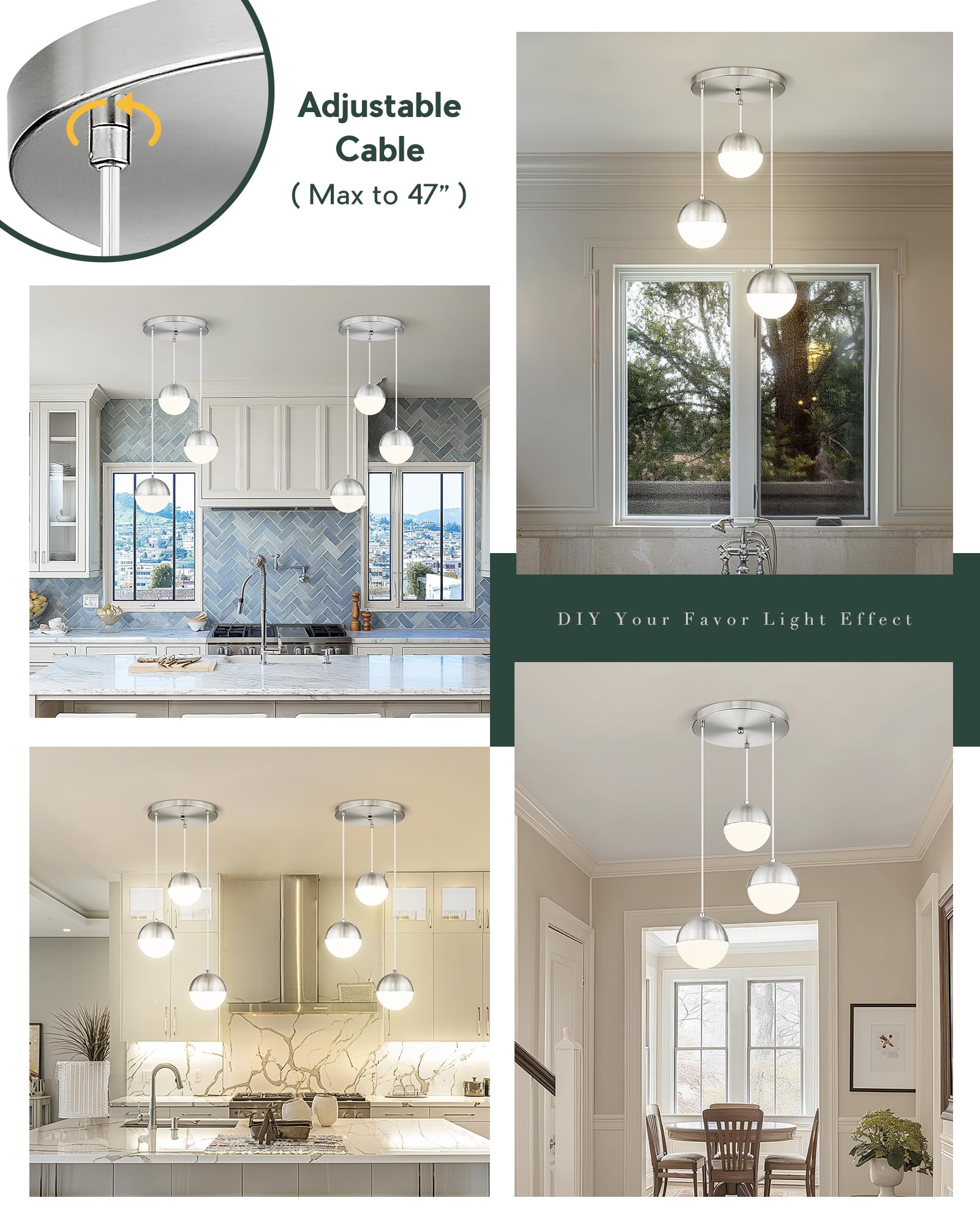 Lms Modern Brushed Nickel 3-Light Cluster Pendant Lights, Mid Century Pendant Lighting With White Globe Glass Shade, Adjustable