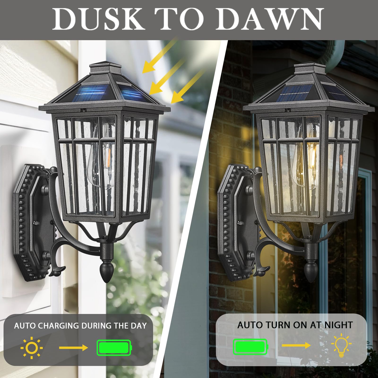 Darkaway Solar Wall Lights - Dusk To Dawn Sconce With Remote Control, Black Aluminum Fixture
