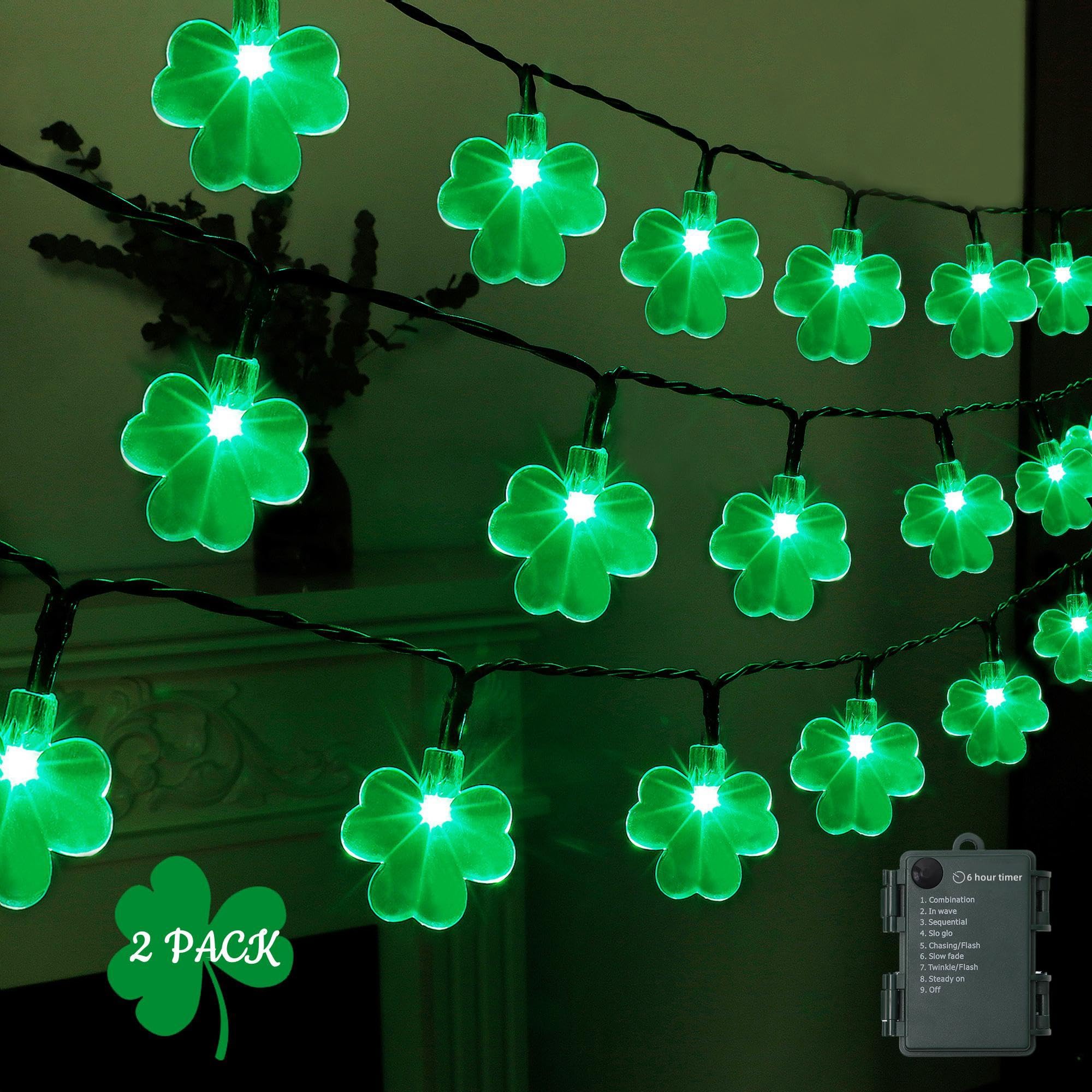 LJLNION 50 LED St. Patricks Day String Lights, 16 FT Battery Operated Green Shamrock Lights, Waterproof, 8 Lighting Modes, 2 Pack