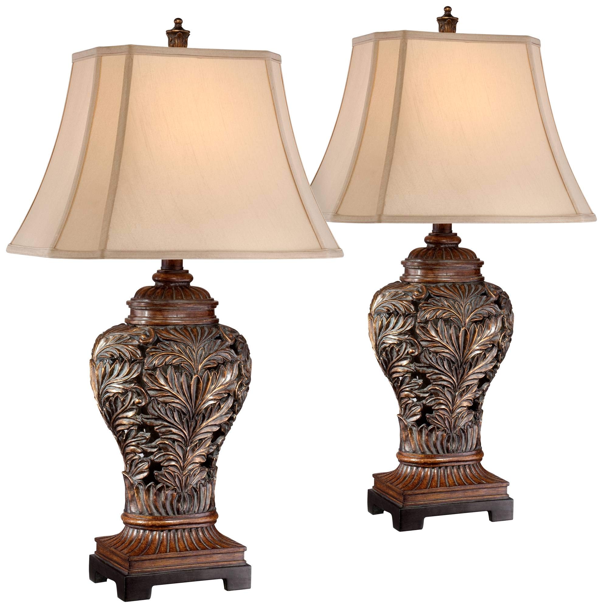 Barnes and Ivy Traditional Table Lamps 32.5'' Tall Set of 2 Bronze Brown Carved Leaf Openwork Vase Tan Rectangular Shade Decor f