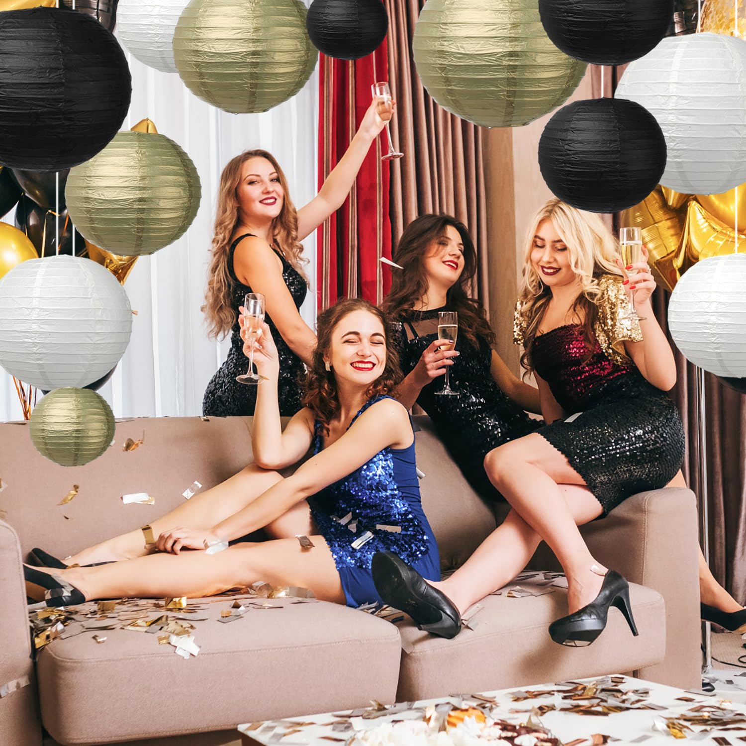 Black Gold Ivory White Paper Lanterns 12 Pcs Assorted Size Of 6'' 8'' 10'' 12'' Chinese Round Paper Hanging Decorations Lanterns