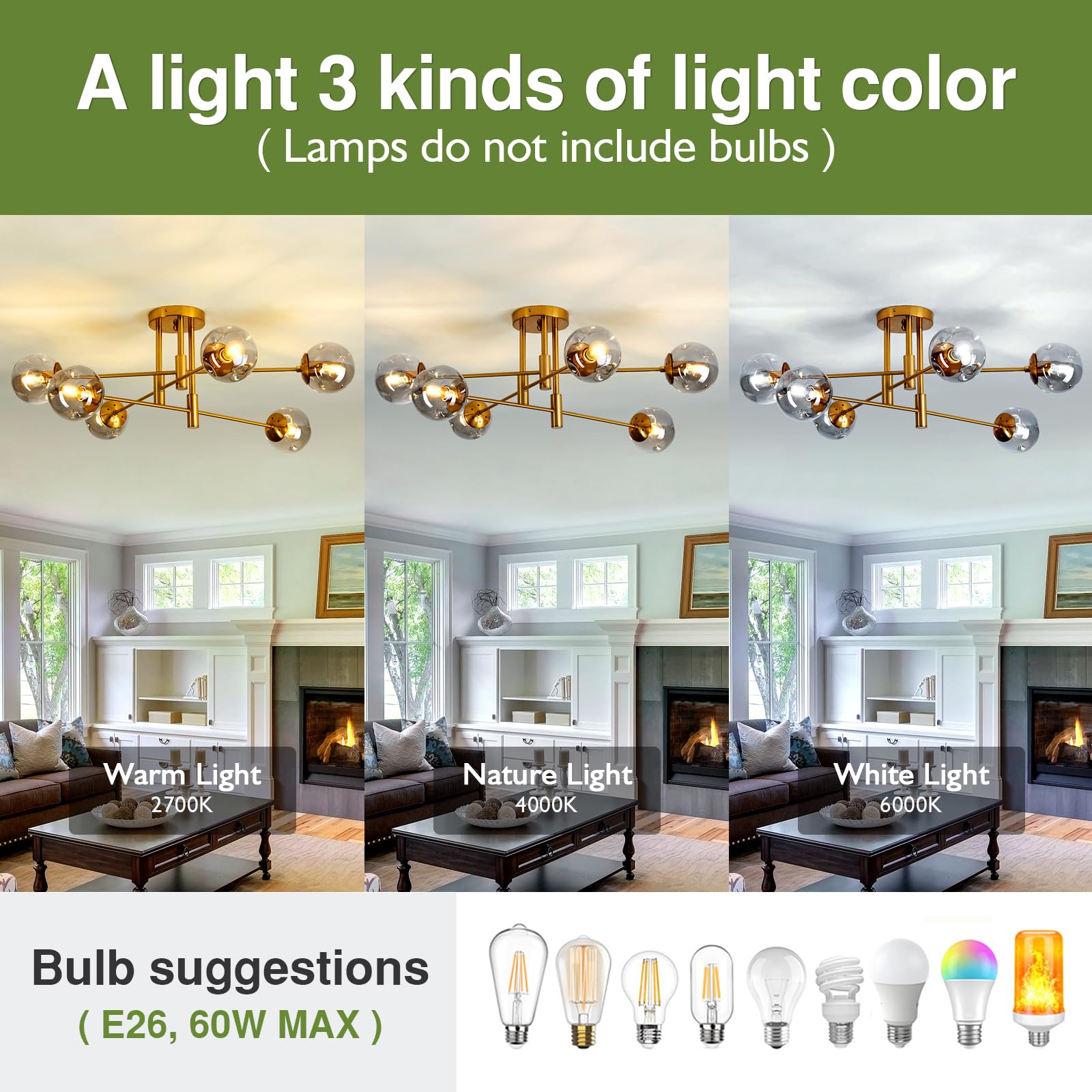 Szxykeji 6-Light Glass Globe Chandelier - Modern Flush Mount Ceiling Light For Home Decor