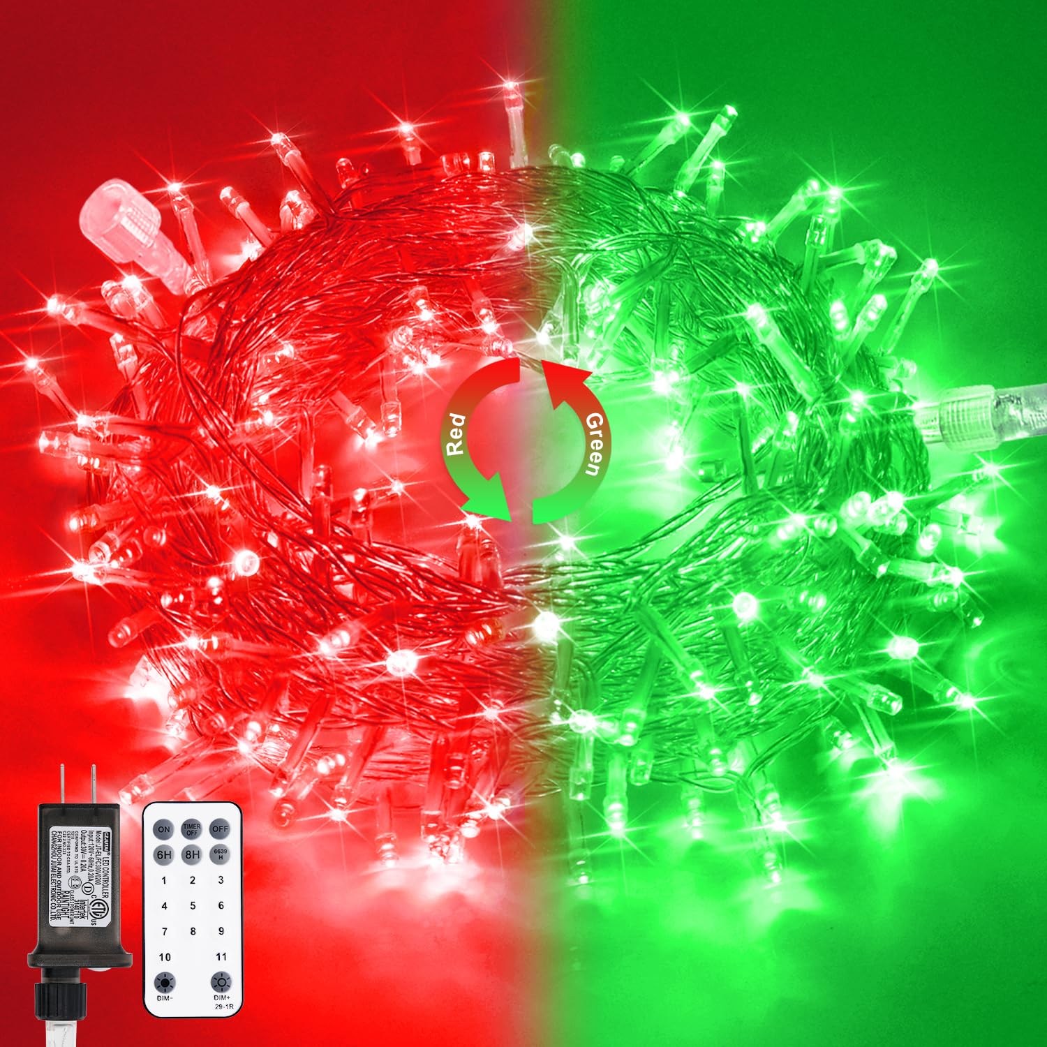 Jmexsuss 100 Led Red & Green Christmas Lights Plug In, 11 Modes Christmas String Lights Indoor With Remote, 33Ft Connectable Color Changing Christmas Lights Outdoor For Christmas Party Decor