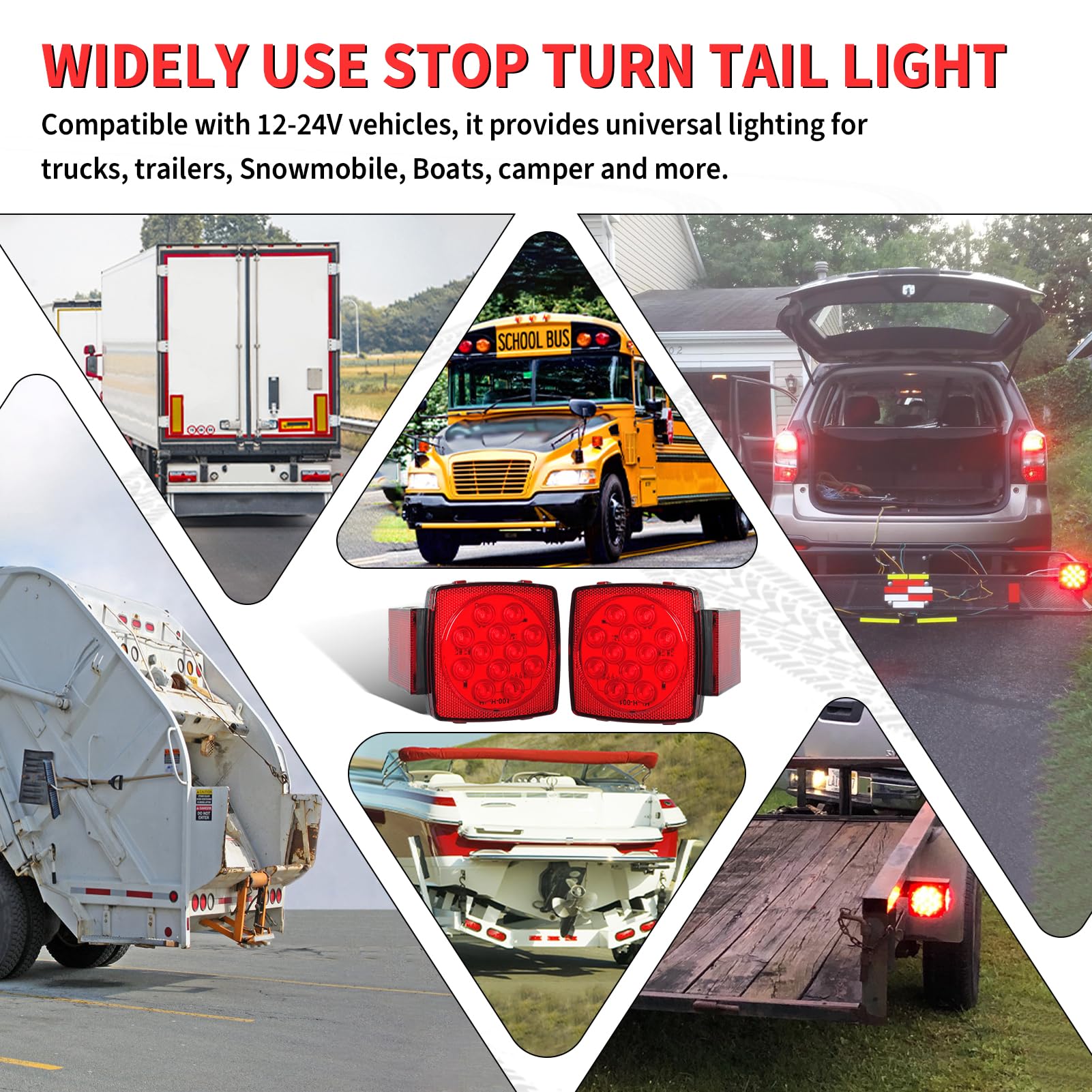 Liloom Complete Led Trailer Light Kit - Submersible Boat Led Lights With Square Tail Lights, Marker Lights, Brake Light Bar, Wiring Harness - Ideal For Trailers, Trucks, Boats