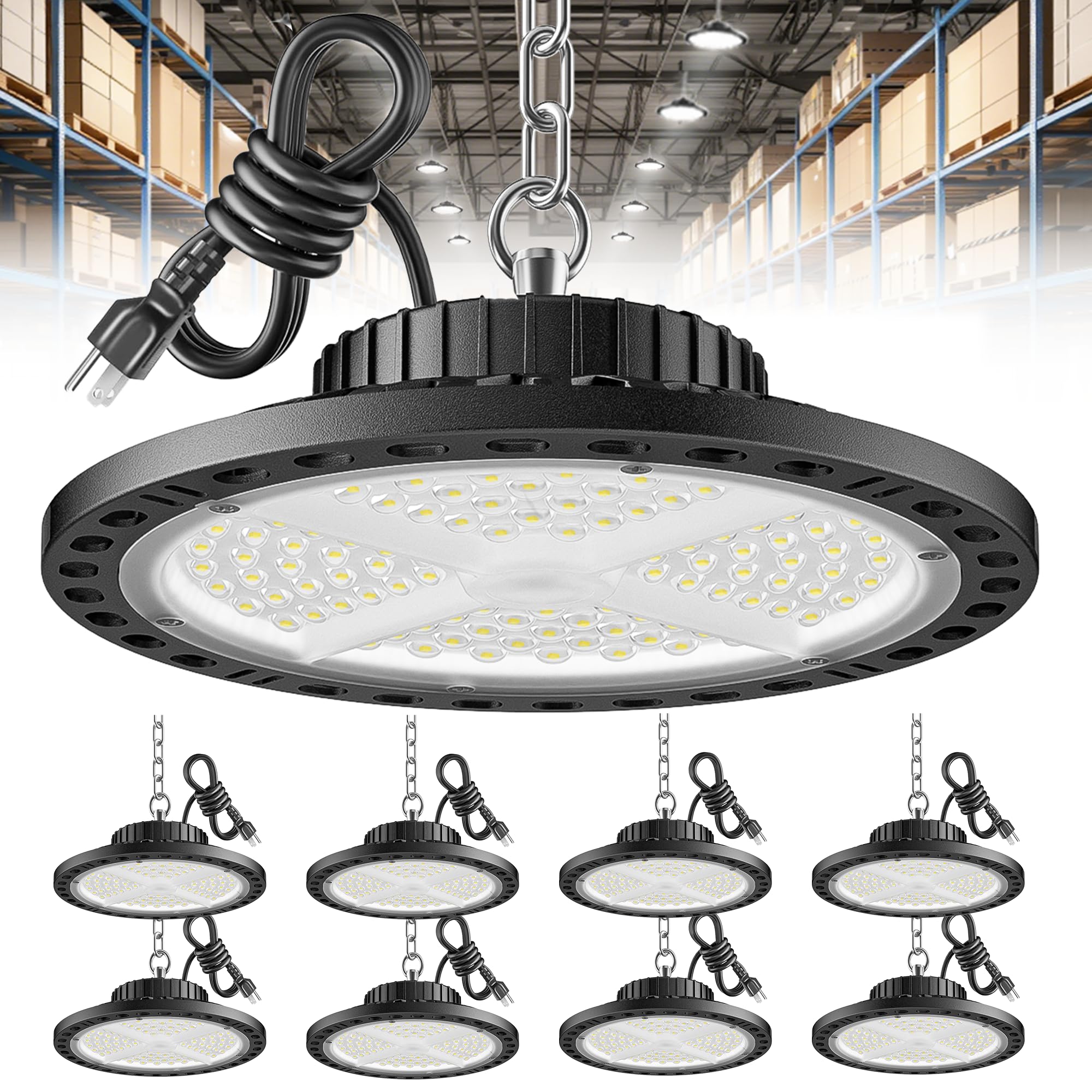 ISKYDRAW UFO LED High Bay Light 100W, 8 Pack Shop Lights for Warehouse with Plug, 15000LM 6500K Daylight IP65 Waterproof Commerc