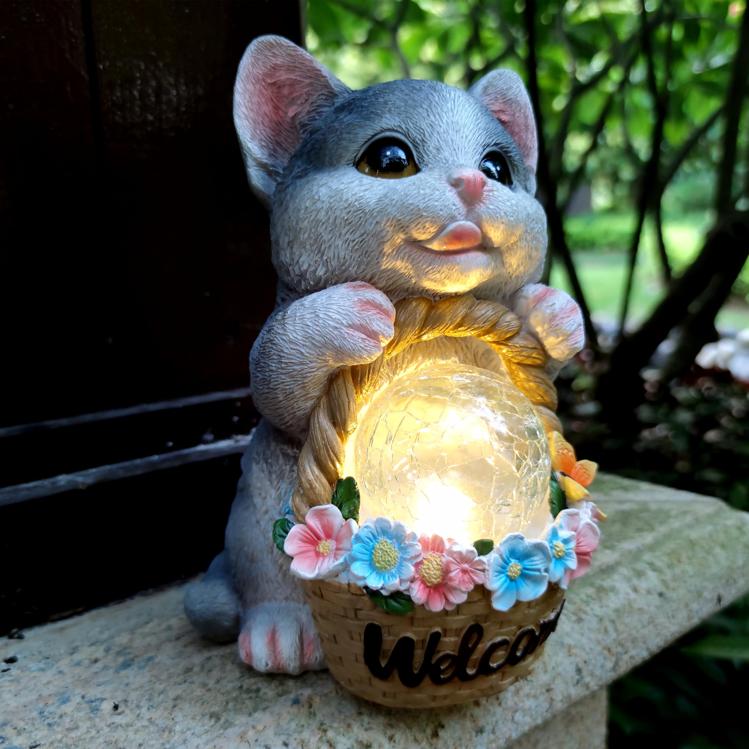 Rctticuu Solar Cat Garden Outdoor Statues Resin Cat Figurine Carrying Flower Basket And Magic Orb With Solar Led Lights  Lawn Decor Outdoor Statue For Patio  Balcony  Yard Ornament Gifts For Mom