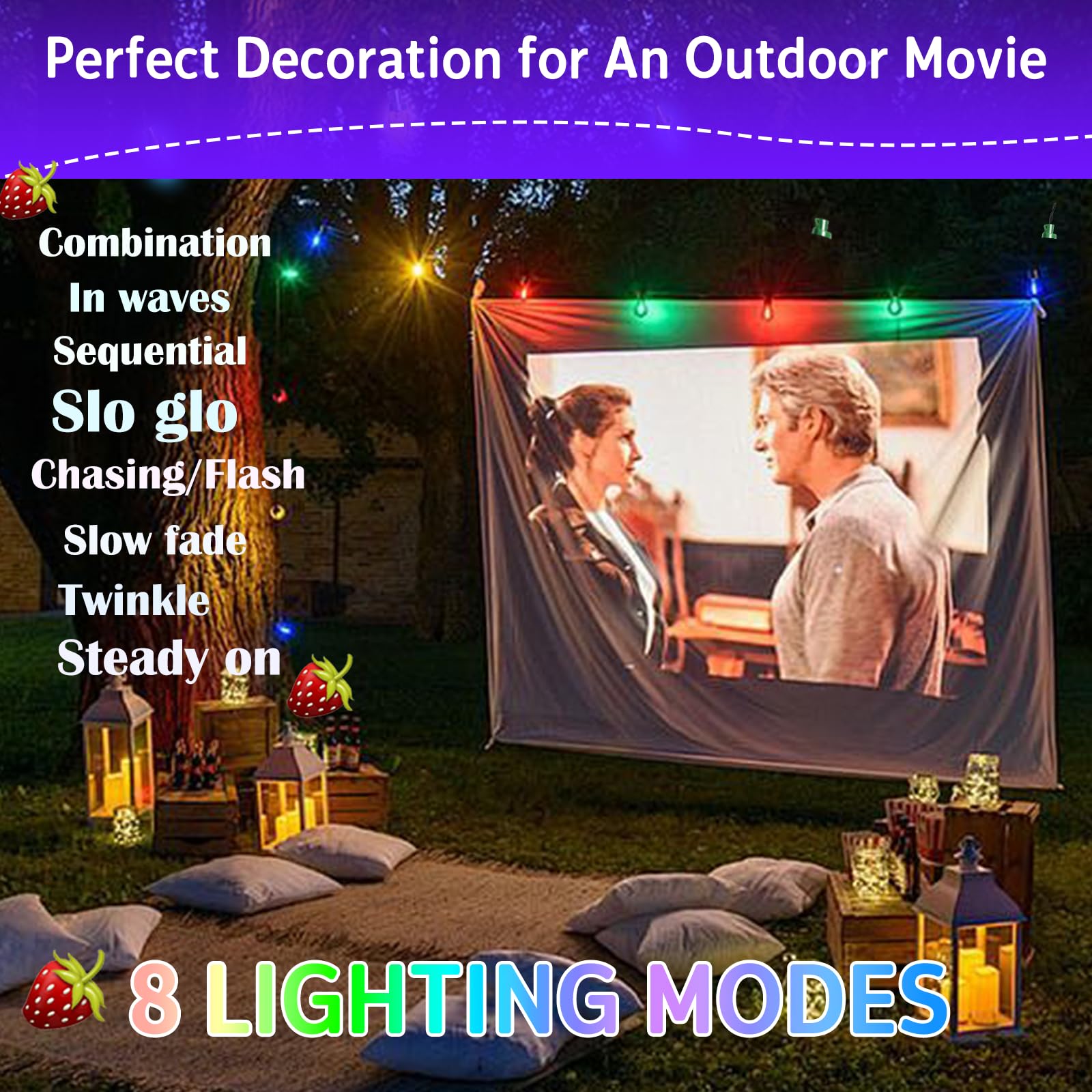 Solar String Christmas Lights C7 31Ft 50 Led Colourful Strawberry Hanging Lights Outdoor Waterproof Green Wire Fairy Light Decor