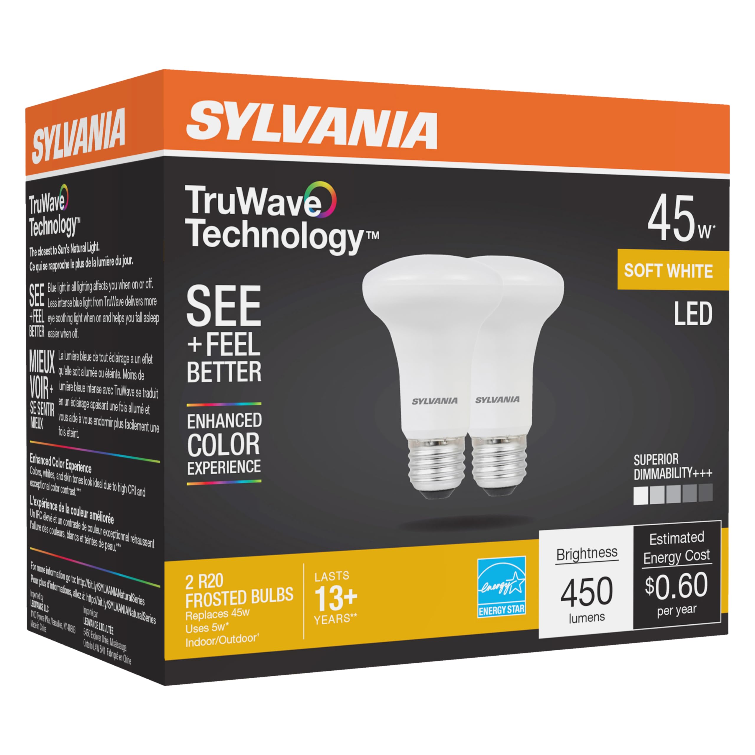 Sylvania Led Truwave Natural Series R20 Light Bulb, 45W Equivalent Efficient 5W, Dimmable, Frosted, 2700K, Soft White - 2 Pack (