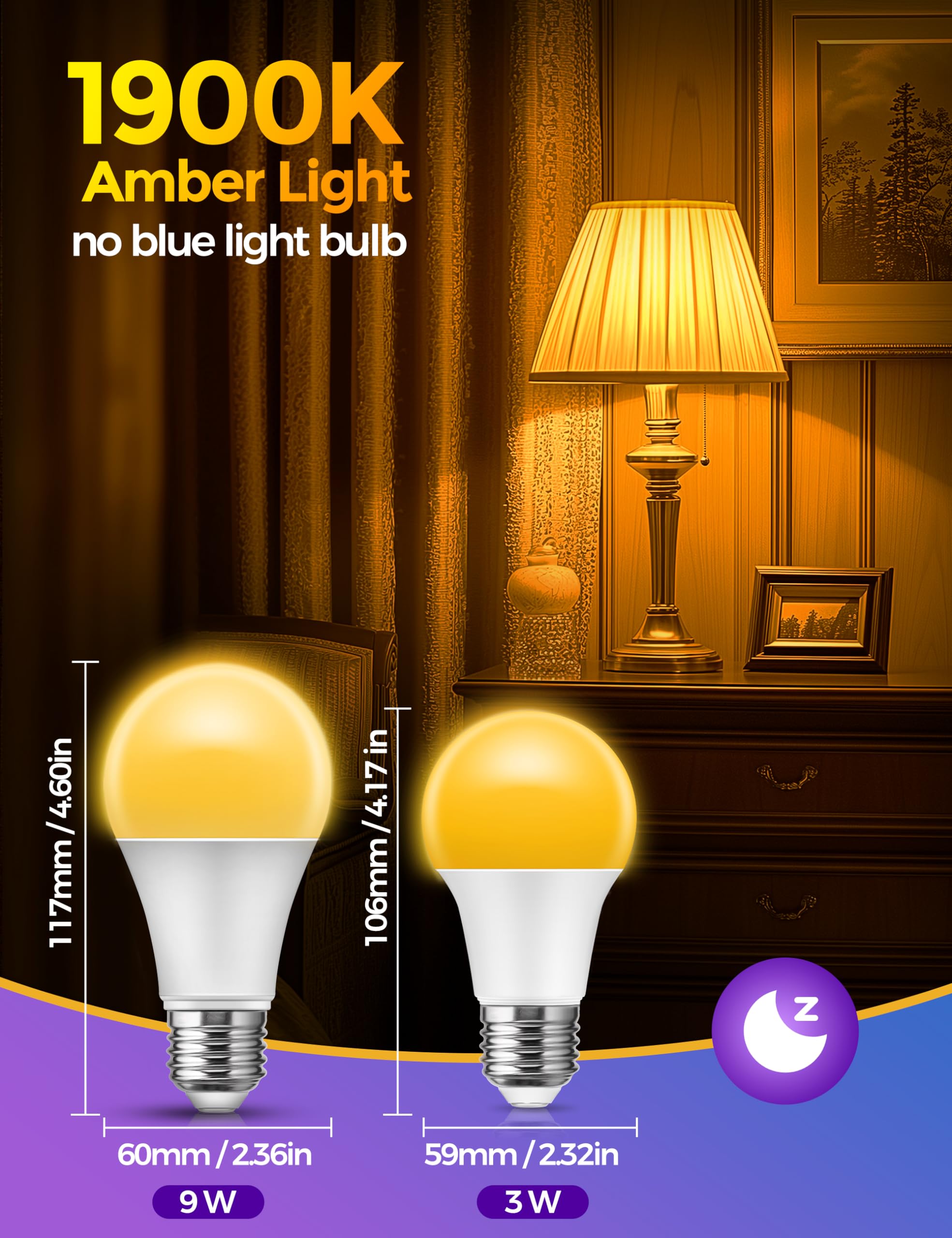 Jandcase Amber Light Bulbs For Healthy Sleep, 3W Warm Light Bulbs Blue Light Blocking, Low Watt Light Bulbs 40W Equivalent, E26