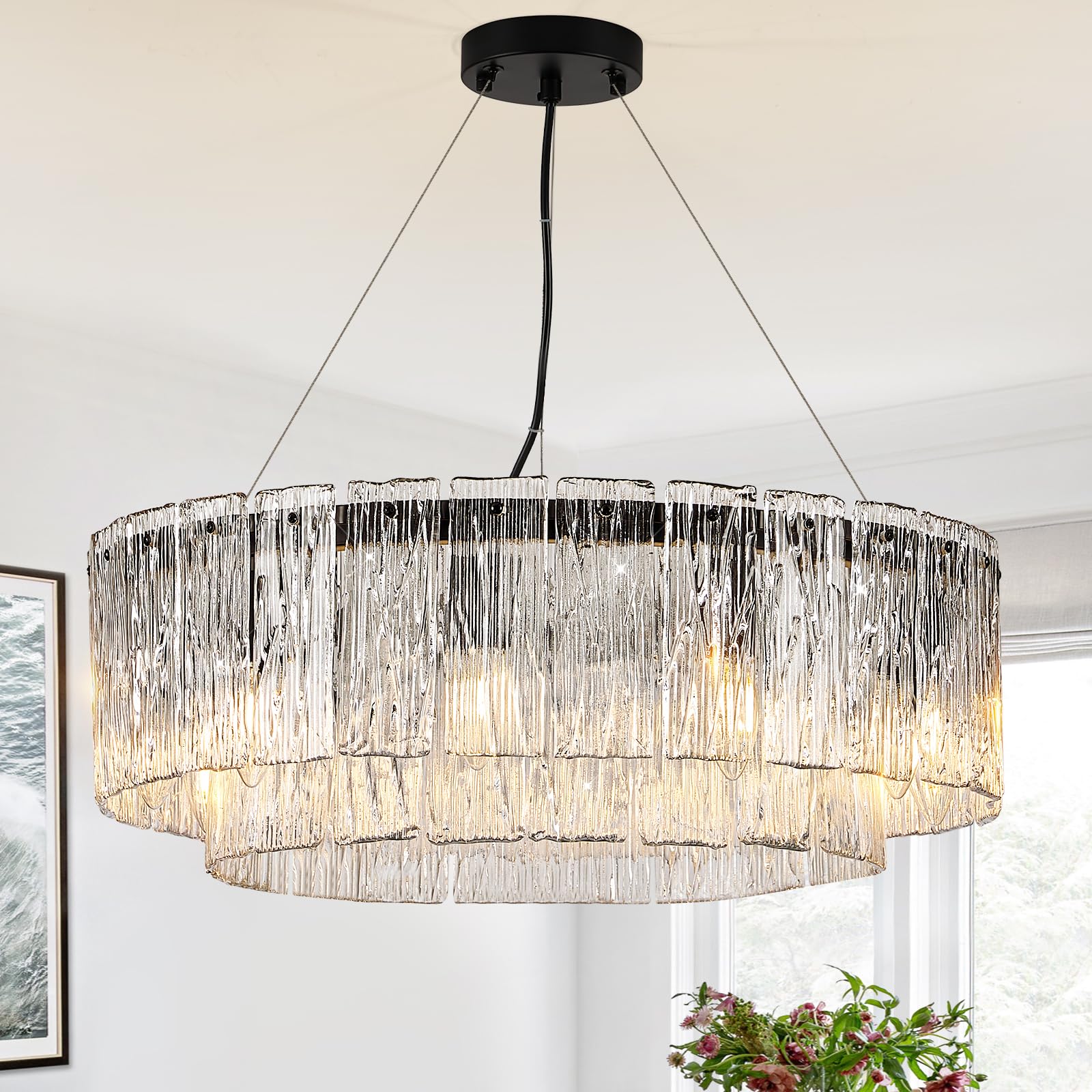 Modern Crystal Glass Round Chandelier 24 Black Chandeliers 10-Light Drum Pendant Ceiling Light Fixtures stylish 2 Tiers Hanging Lighting For Dining Room Foyer Living Room Bedroom