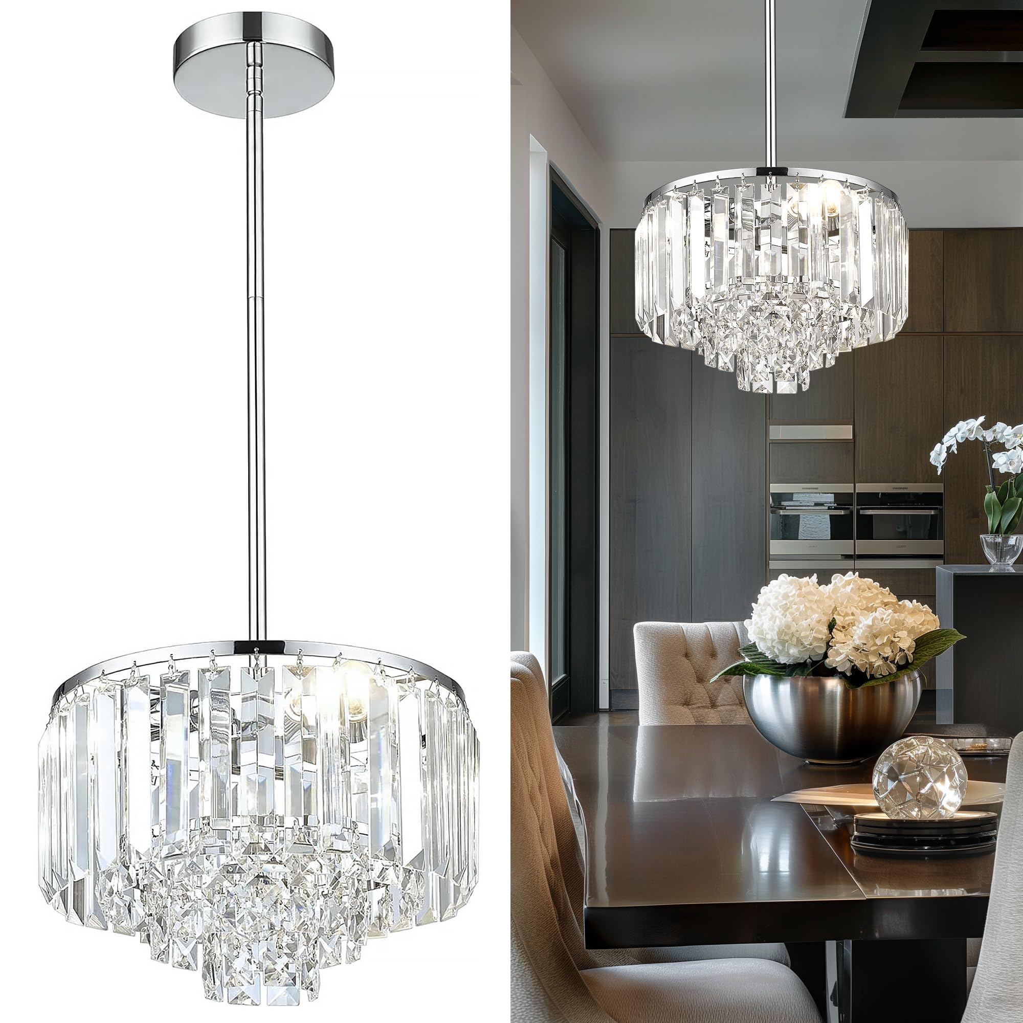 Cargifak Crystal Chandelier, 4-Tier Modern Chandelier With Polished Chrome Finish, Pendant Light For Dinning Room Kitchen Island Bedroom Entryway, Cc4215-3W-Pc