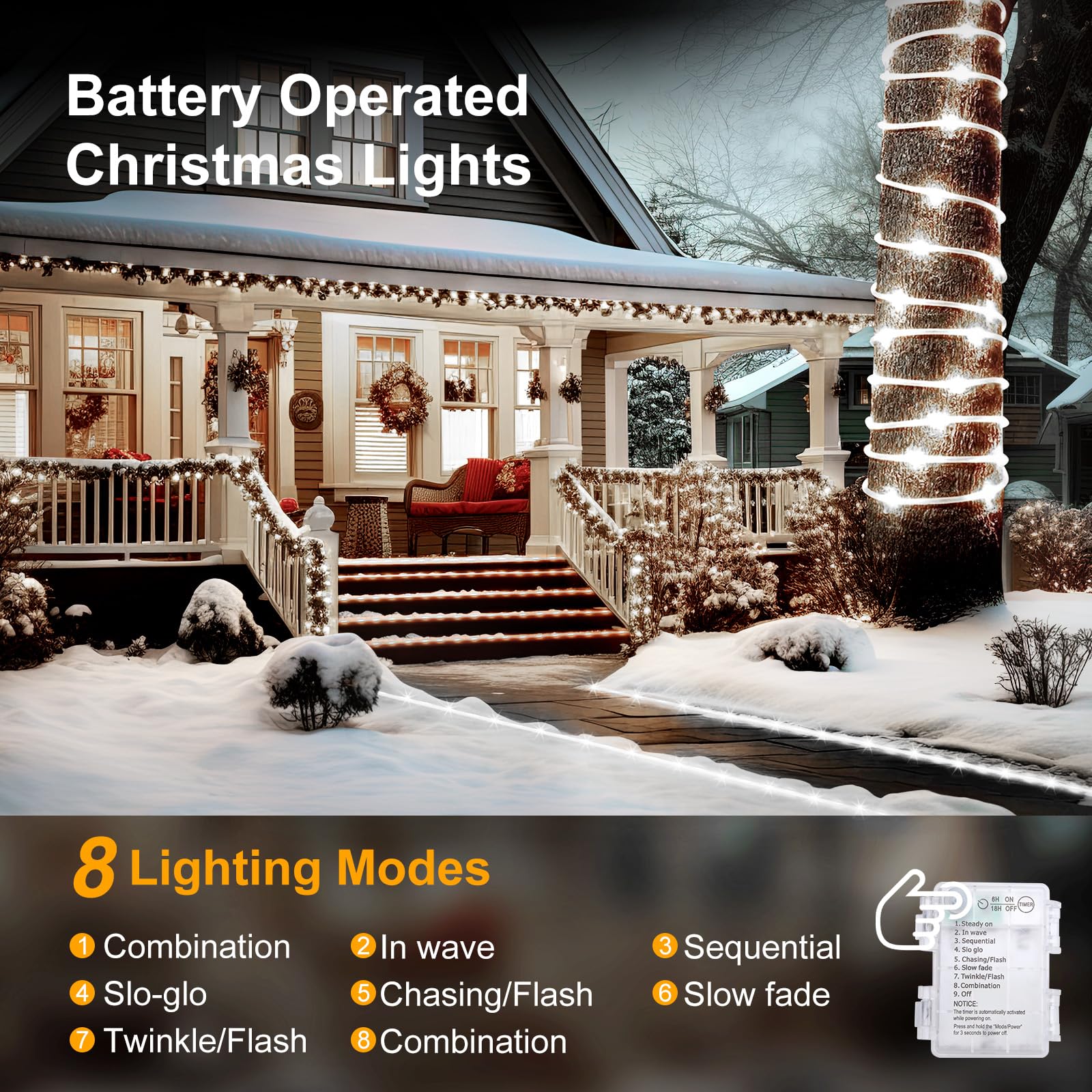 Minetom 33FT 100 LED Battery Operated String Lights, Waterproof Outdoor & Indoor Rope Lights, Timer, 8 Modes, Pure White