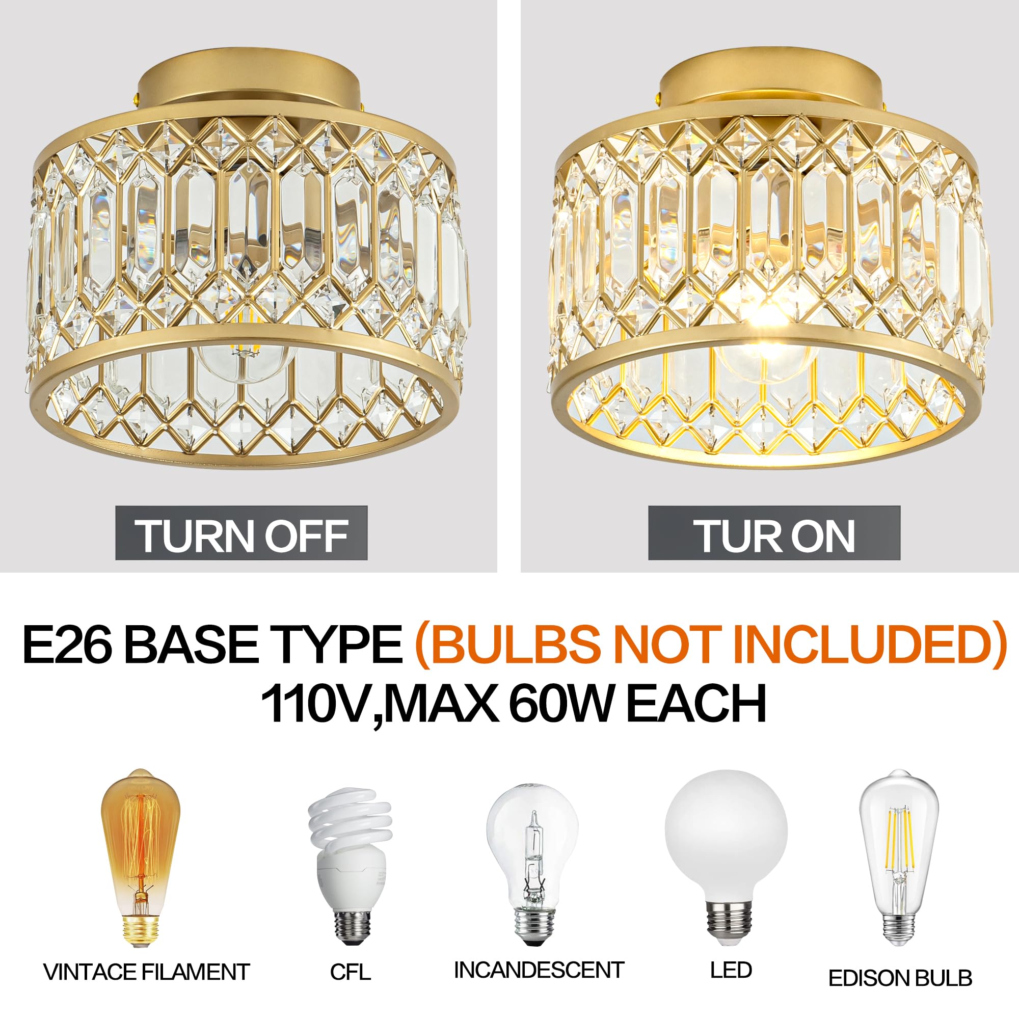 Rpzloila Crystal Ceiling Light, Modern Semi Flush Mount Ceiling Light, Gold Crystal Chandelier For Kitchen Bedroom Bathroom Entr