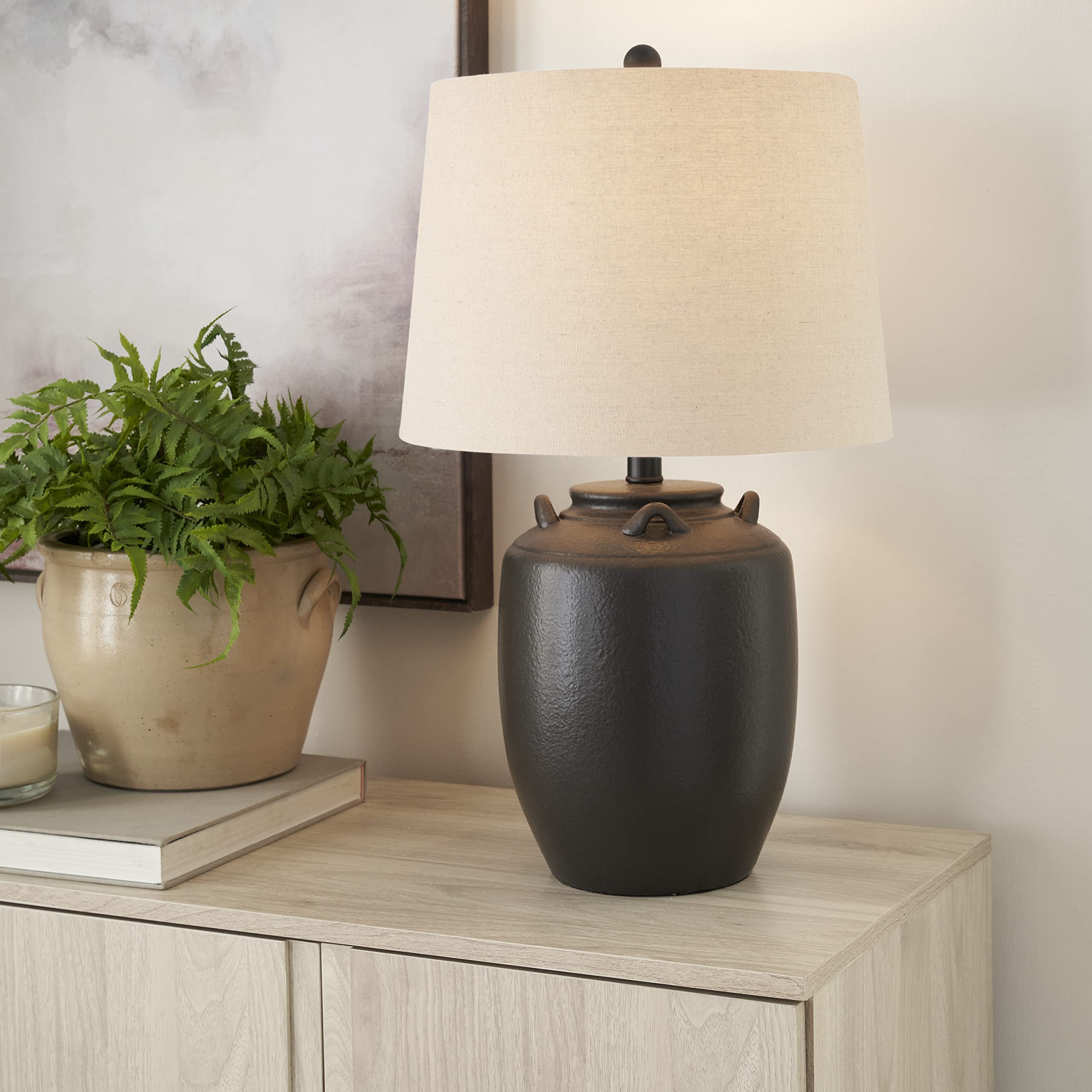 Nourison 24'' Black Farmhouse Ceramic Pottery Jug Table Lamp For Bedside Table, Living Room, Office, Entryway