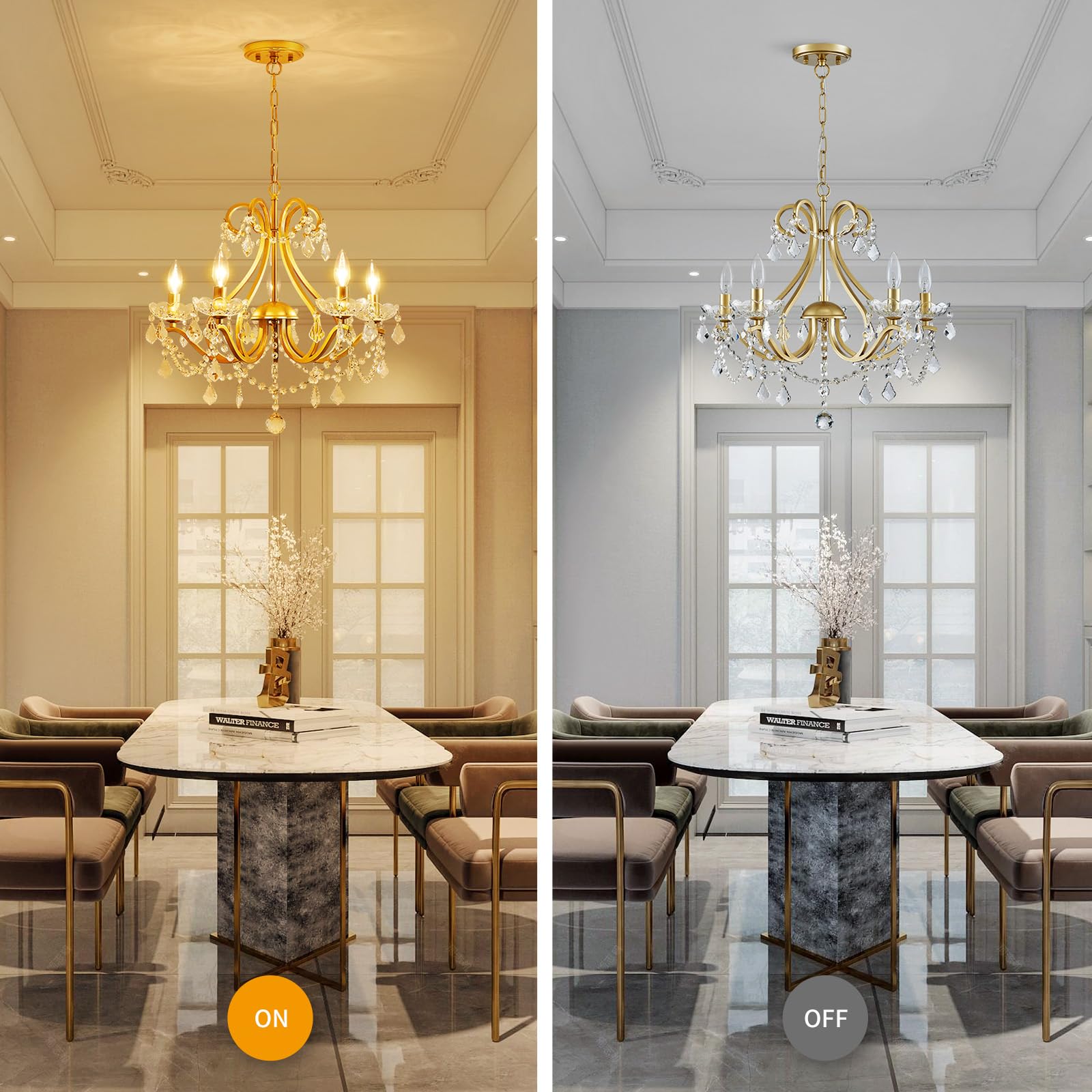 WUZUPS Crystal 5-Light Chandelier Pendant Ceiling Light, Gold, H 20.9" x W 21.7", Modern Lighting Fixture for Bedroom, Kitchen, Bathroom