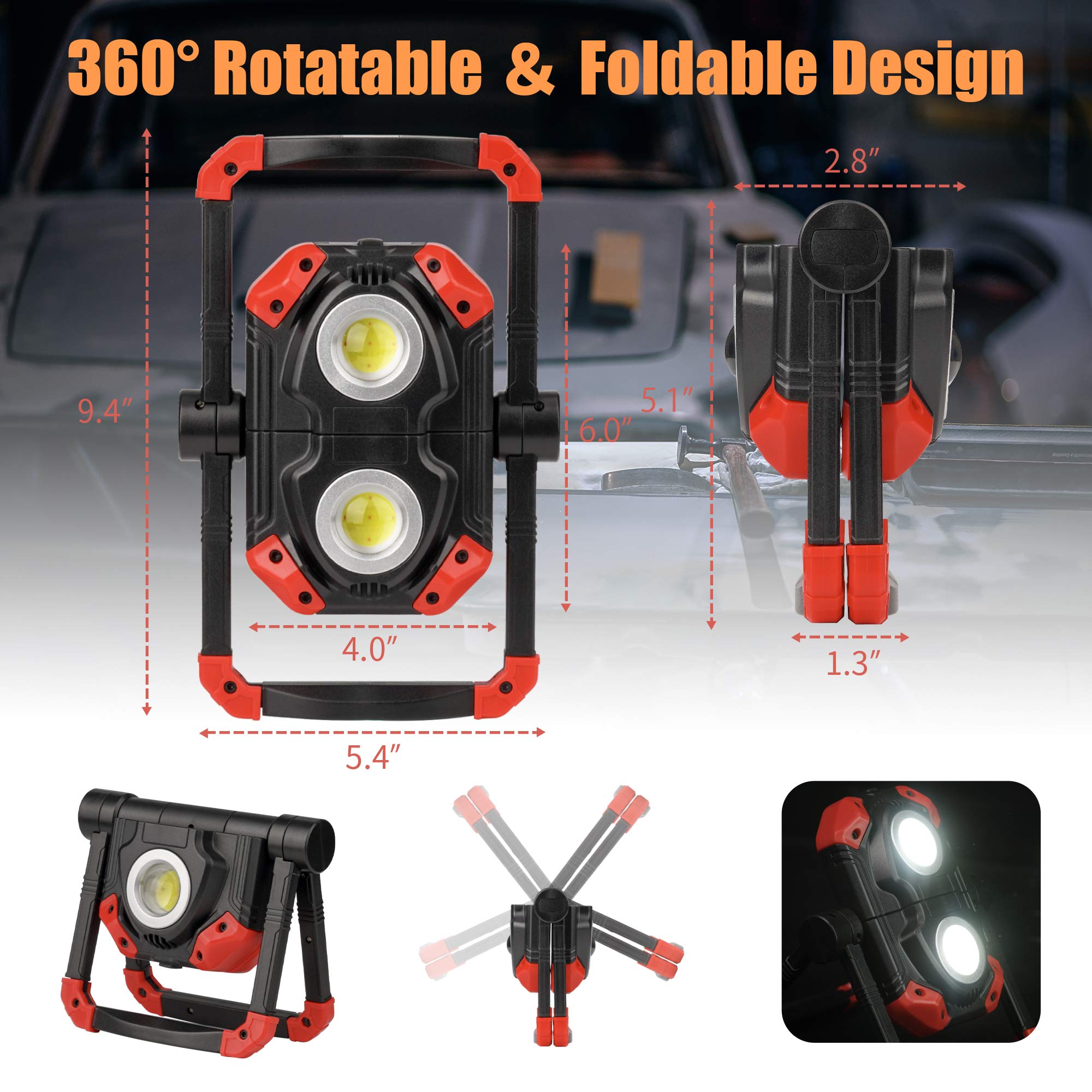 Led Work Light Rechargeable, 2 Cob 2500Lm Folding Portable Flood Light With Magnetic Base And 360° Rotation Stand, Waterproof Spotlights For Camping, Car Repairing, Emergency And Job Site Lighting